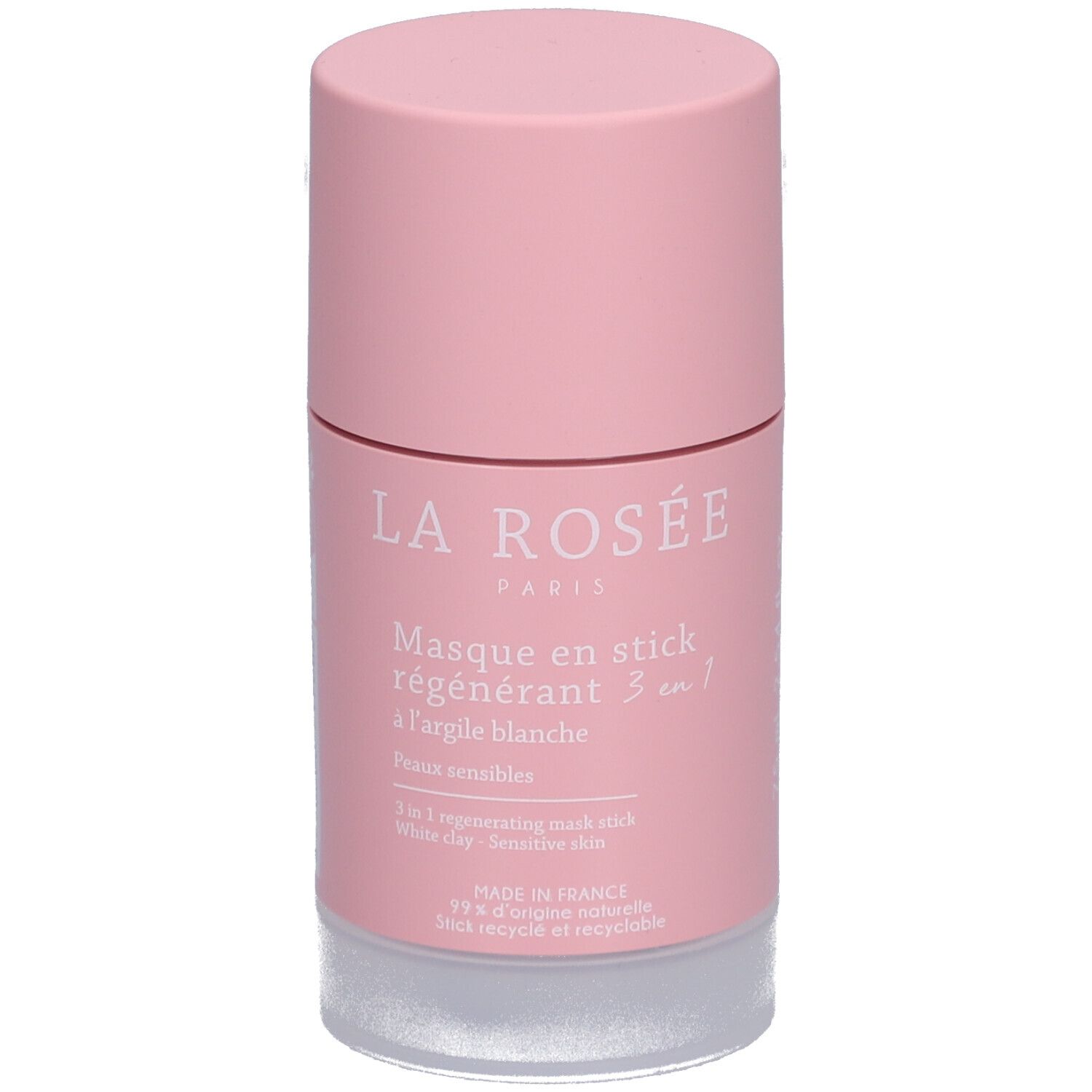Masque en stick rose. Inscription: La Rosée, Masque en stick régénérant 3 en 1 à l'argile blanche. Pour peaux sensibles.