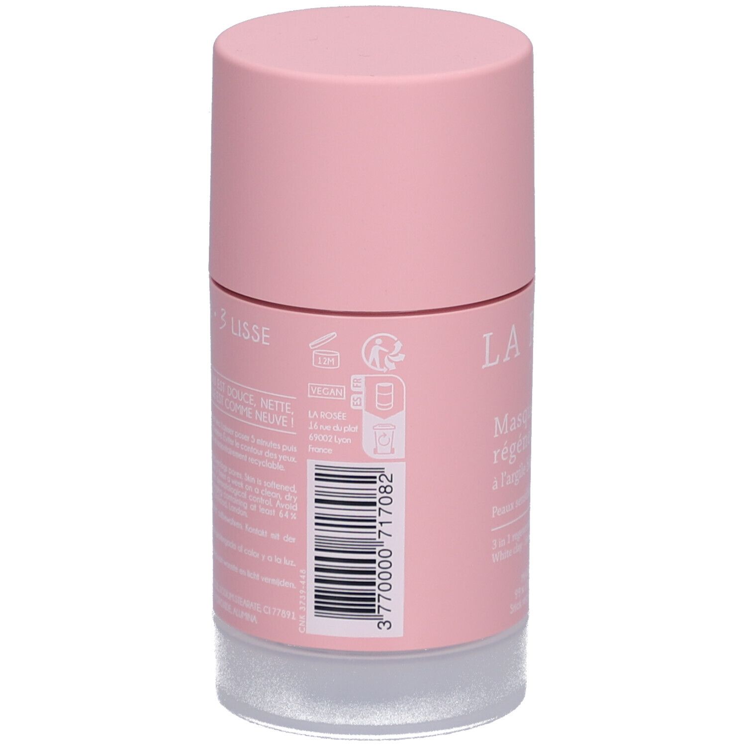 Dos du masque en stick rose. Code-barres et texte. Logo vegan. Symbole de recyclage. Durée de conservation 24 mois.