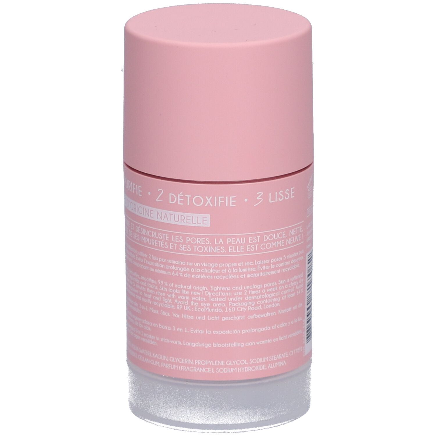 Dos du masque en stick rose. Texte: 1. Purifie, 2. Détoxifie, 3. Lisse. Ingrédients. 75 ml.