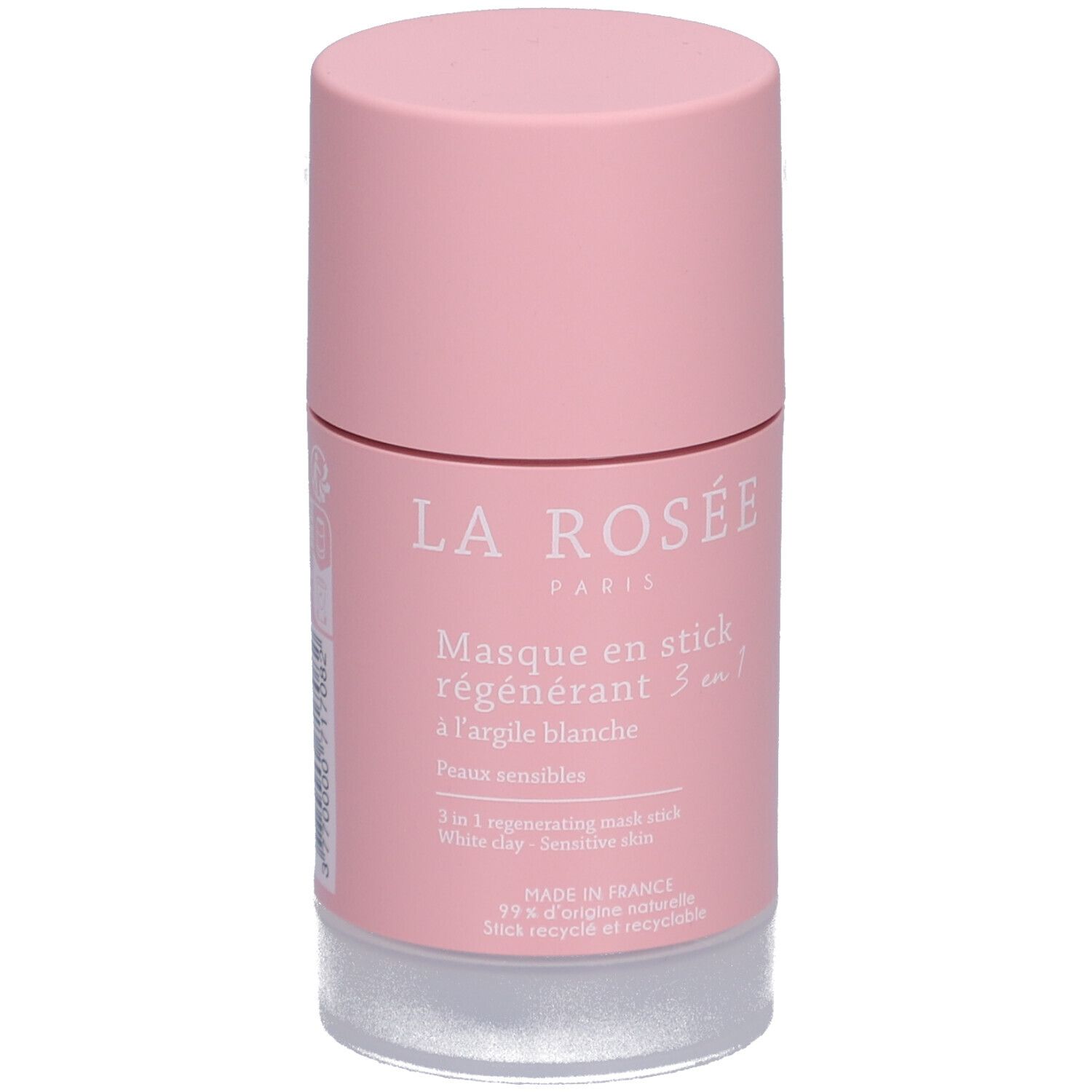 Masque en stick rose. Inscription: La Rosée, Masque en stick régénérant 3 en 1 à l'argile blanche. Pour peaux sensibles.