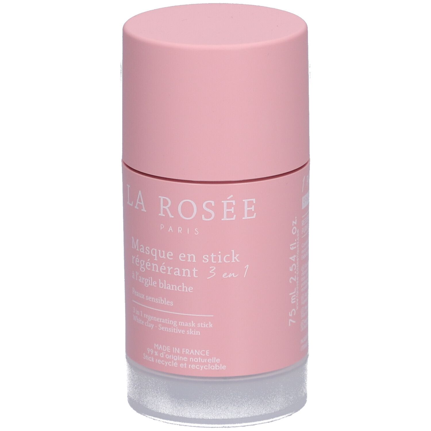Masque en stick rose. Inscription: La Rosée, Masque en stick régénérant 3 en 1 à l'argile blanche. 75 ml.
