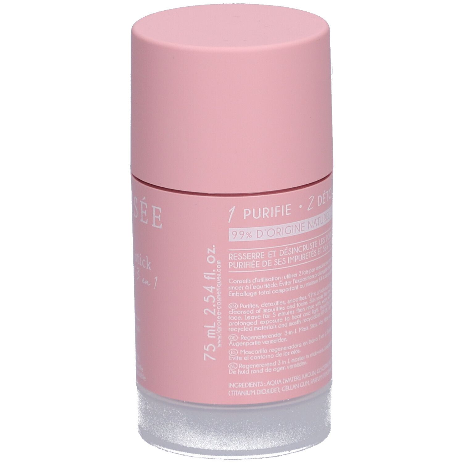 Dos du masque en stick rose. Texte: 1. Purifie, 2. Détoxifie. 75 ml. Ingrédients.