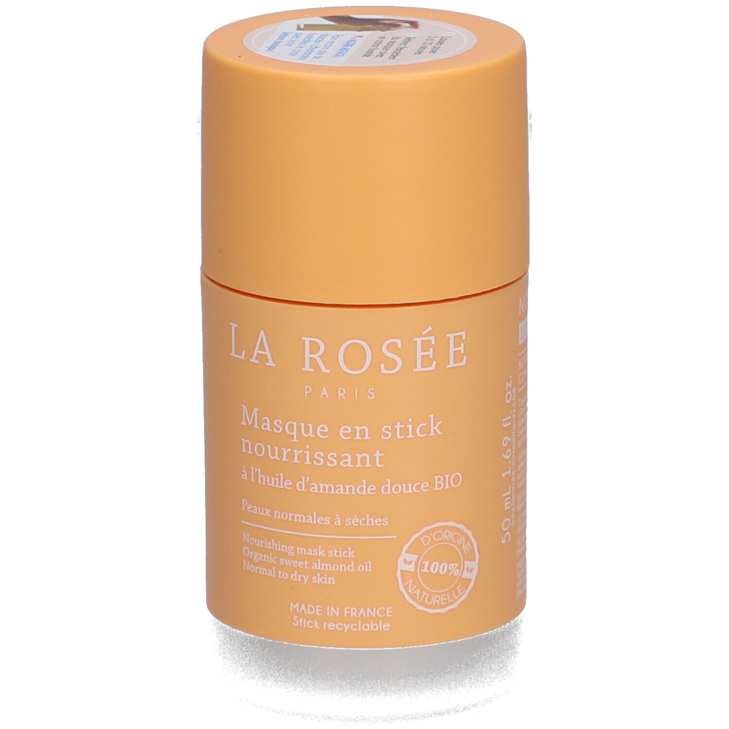 Zylindrische Verpackung. Aufschrift: La Rosée, Masque en stick nourrissant, BIO-Süßmandelöl. 100% natürlich.