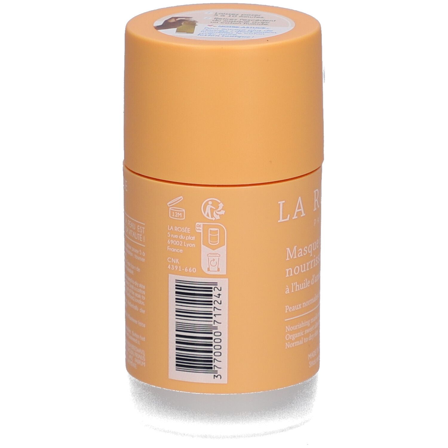 Zylindrische Verpackung. Barcode und Text auf der Rückseite. Informationen über Recycling und Inhaltsstoffe.