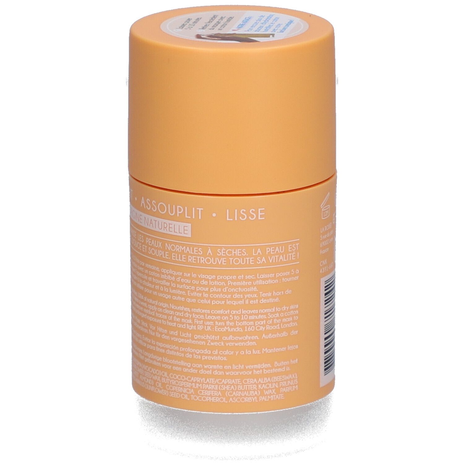 Zylindrische Verpackung. Text: Assouplit, Lisse. Informationen über die Anwendung und Inhaltsstoffe.