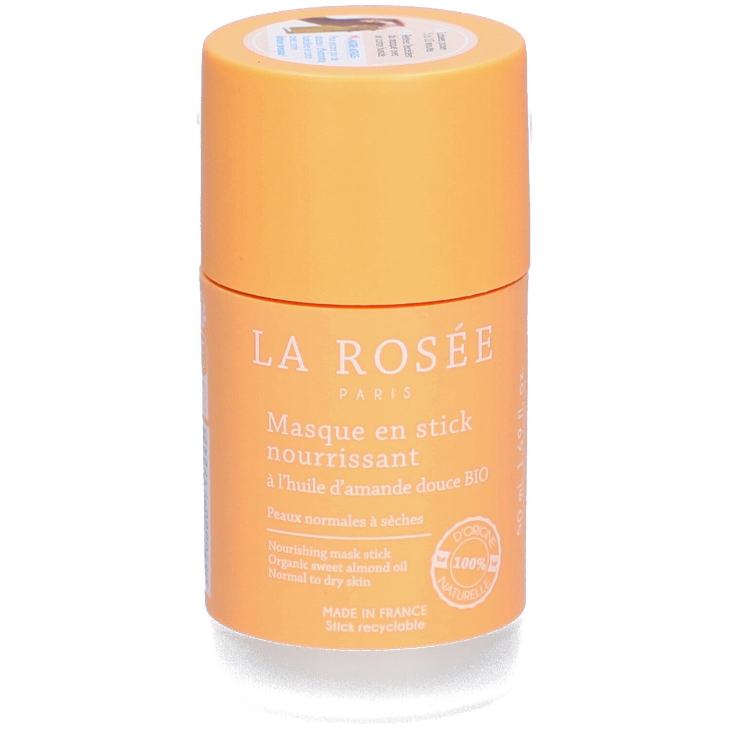 Zylindrische Verpackung. Aufschrift: La Rosée, Masque en stick nourrissant, BIO-Süßmandelöl. 100% natürlich.