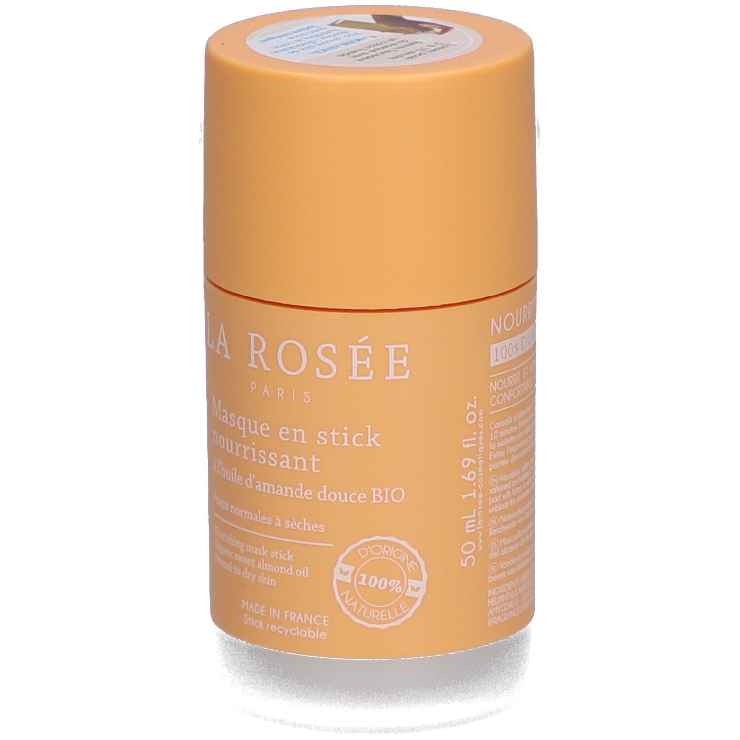 Zylindrische Verpackung. Aufschrift: La Rosée, Masque en stick nourrissant, BIO-Süßmandelöl. 50 ml.