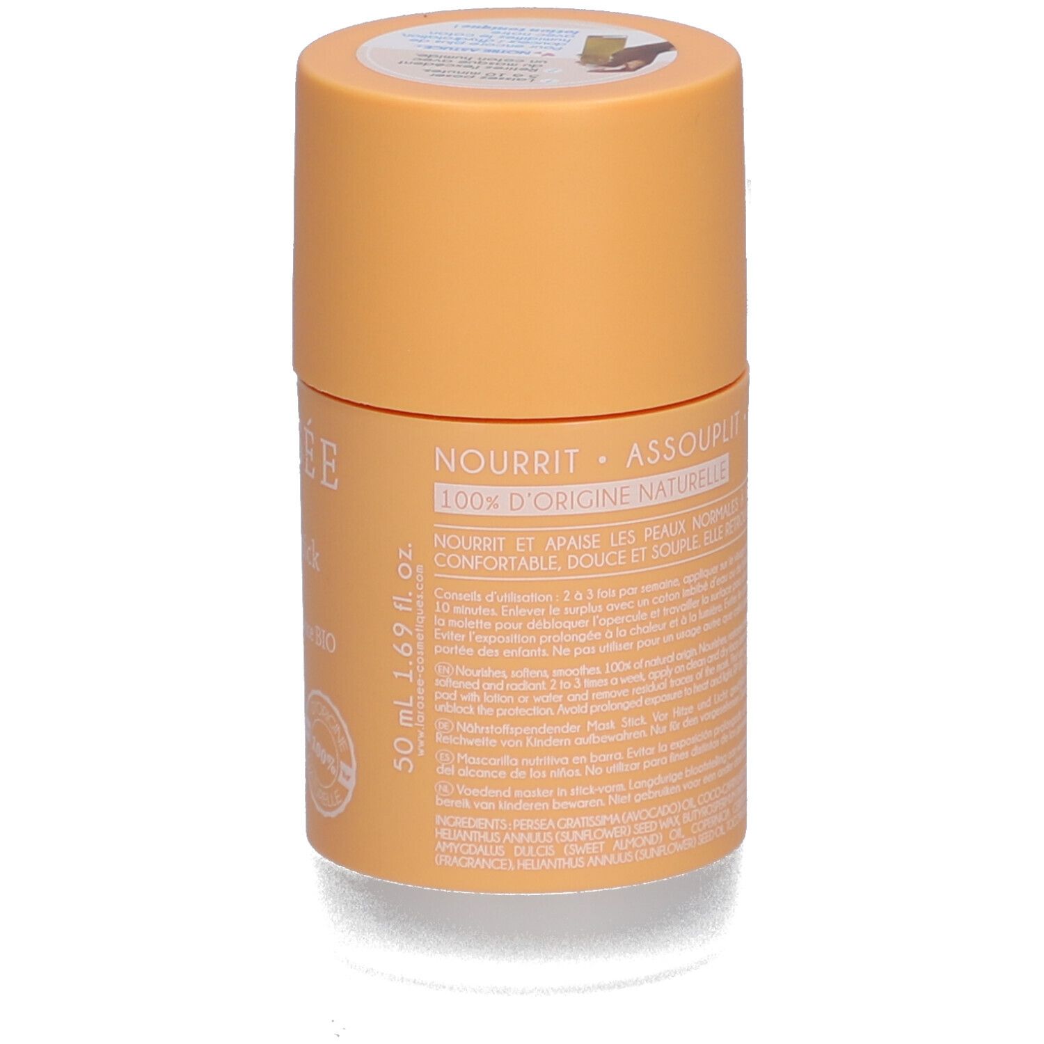 Zylindrische Verpackung. Text: Nourrit, Assouplit. 100% d'origine naturelle. 50 ml.