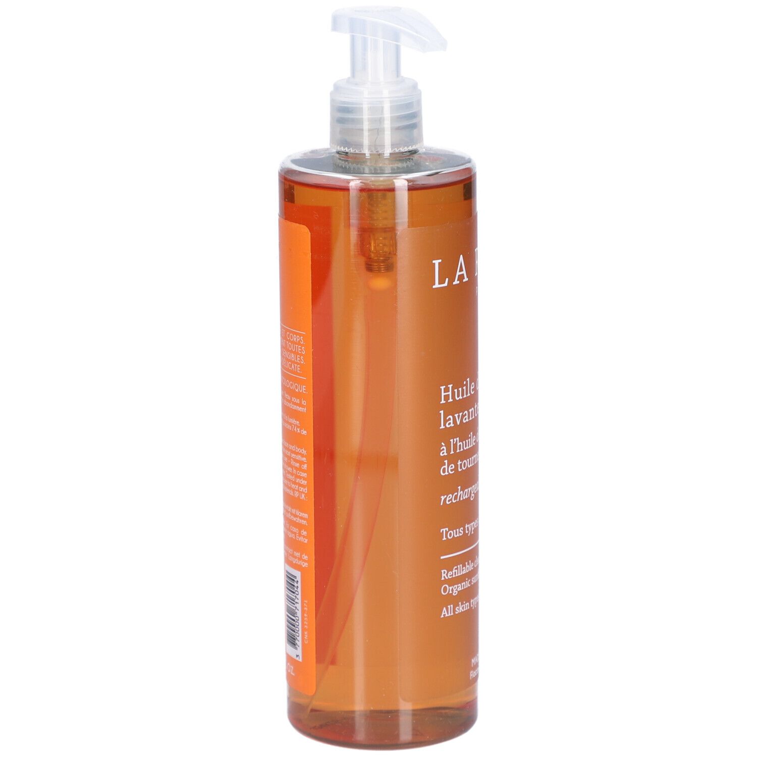 Flacon transparent avec liquide orangé et pompe doseuse. Inscription: La Rosée, Huile de douche lavante.