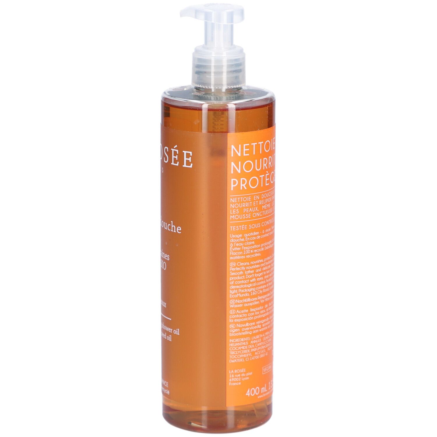 Dos d'un flacon transparent avec liquide orangé. Texte: Nettoie, Nourrit, Protège. 400 ml.
