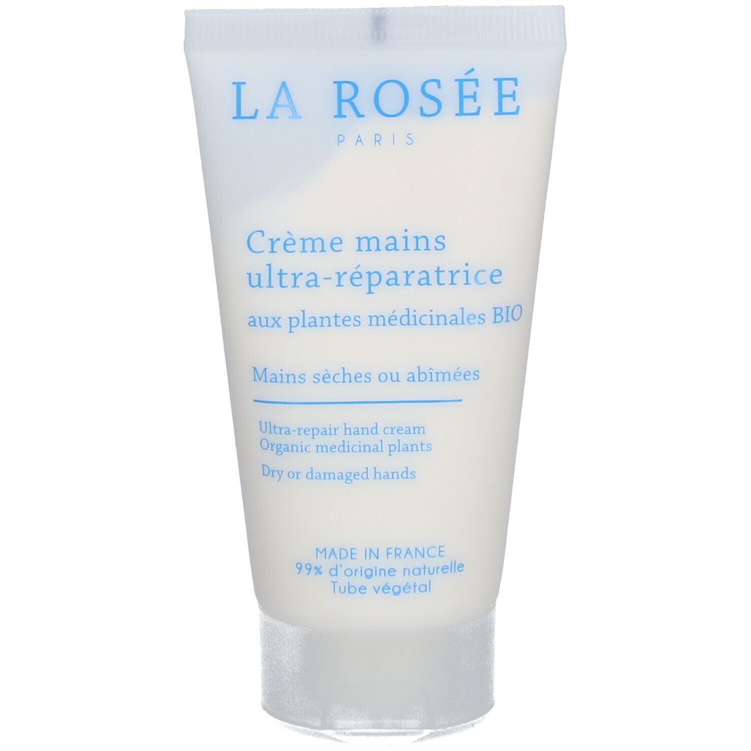 Creme-Tube mit Schriftzug LA ROSÉE. Text: Crème mains ultra-réparatrice, aux plantes médicinales BIO. Für trockene Hände.
