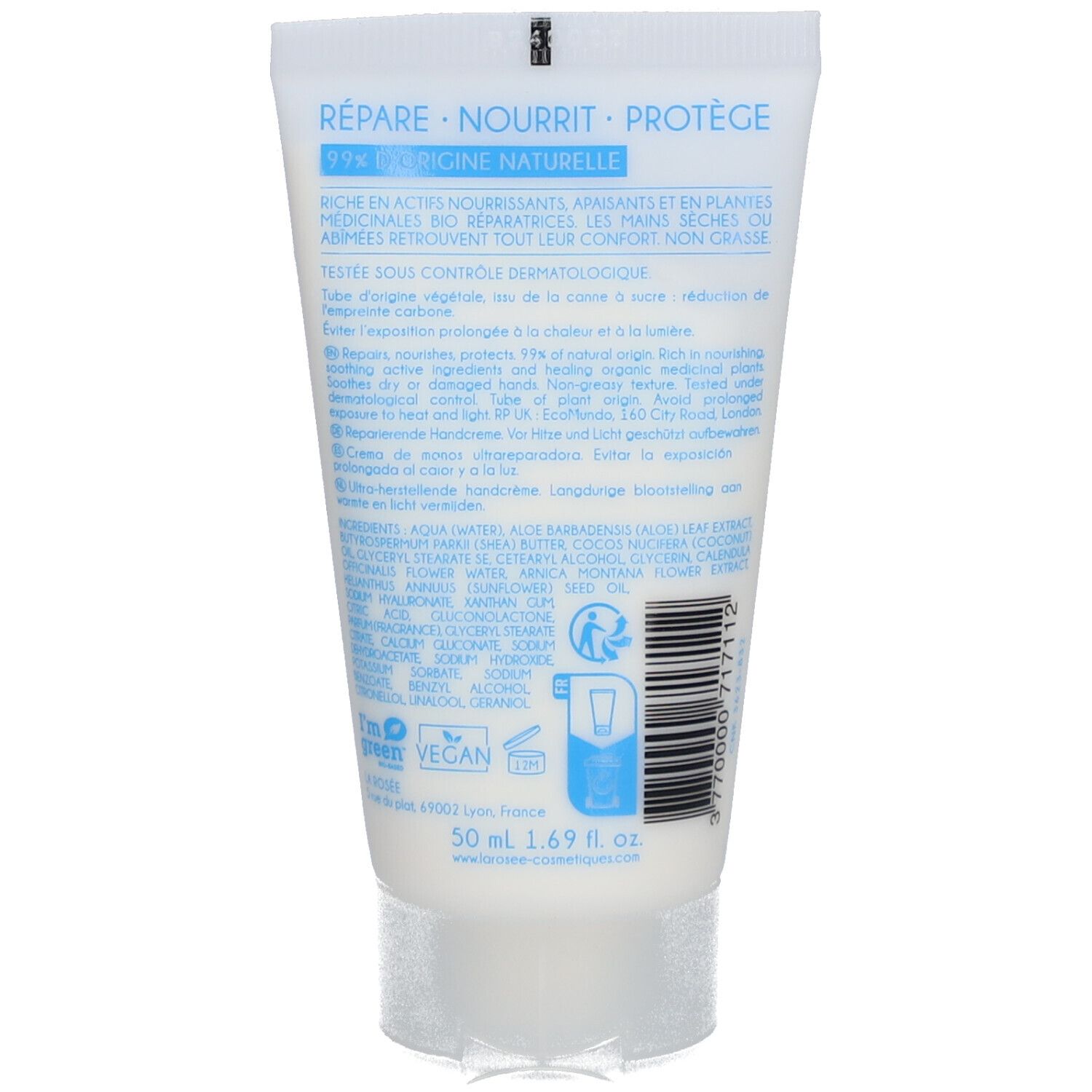 Rückseite der Creme-Tube. Text: Répare, Nourrit, Protège. 99% Inhaltsstoffe natürlichen Ursprungs. Vegan-Logo. 50 ml.