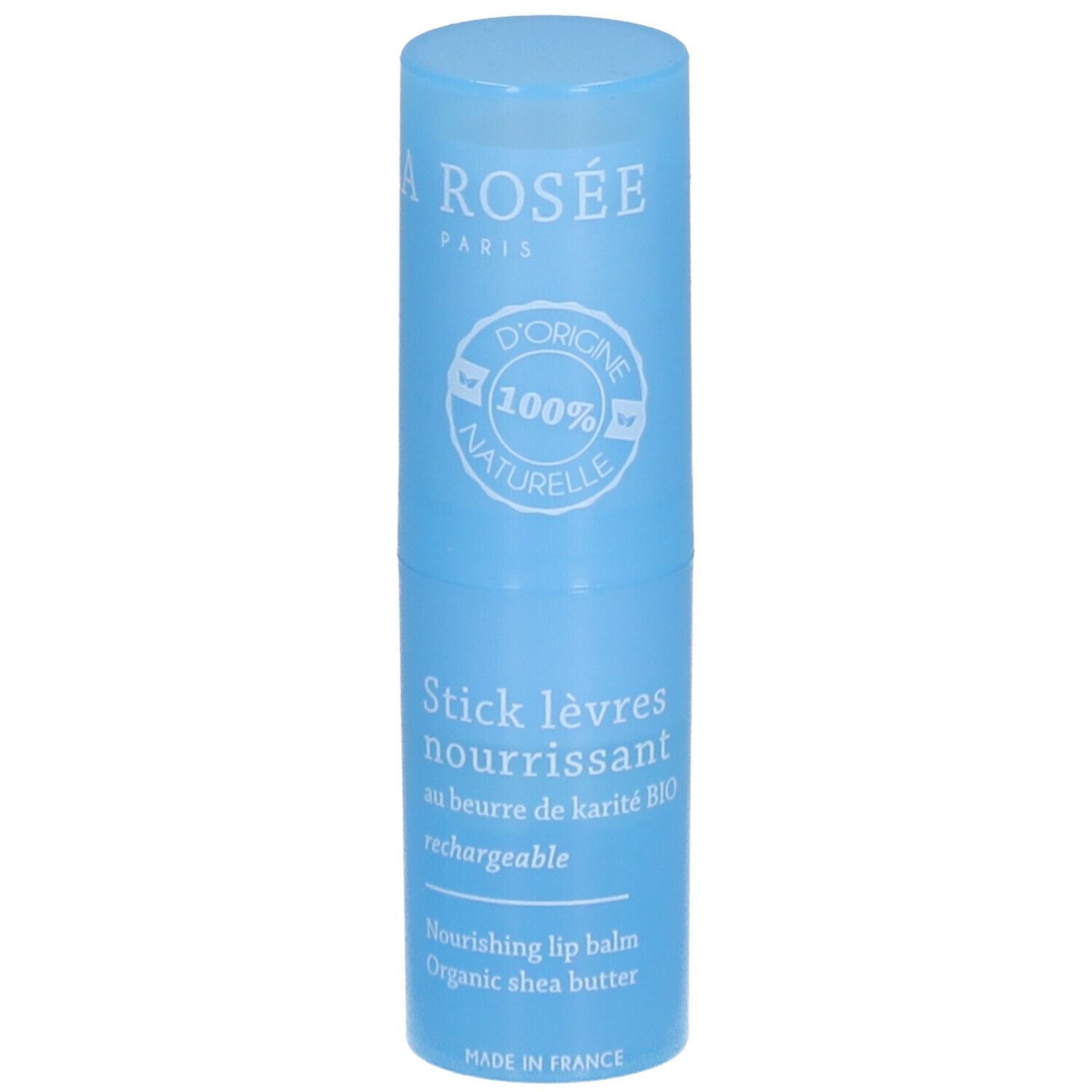 Stick lèvres nourrissant bleu clair. Inscription blanche: LA ROSÉE, Stick lèvres nourrissant, au beurre de karité BIO. 100% naturelle.
