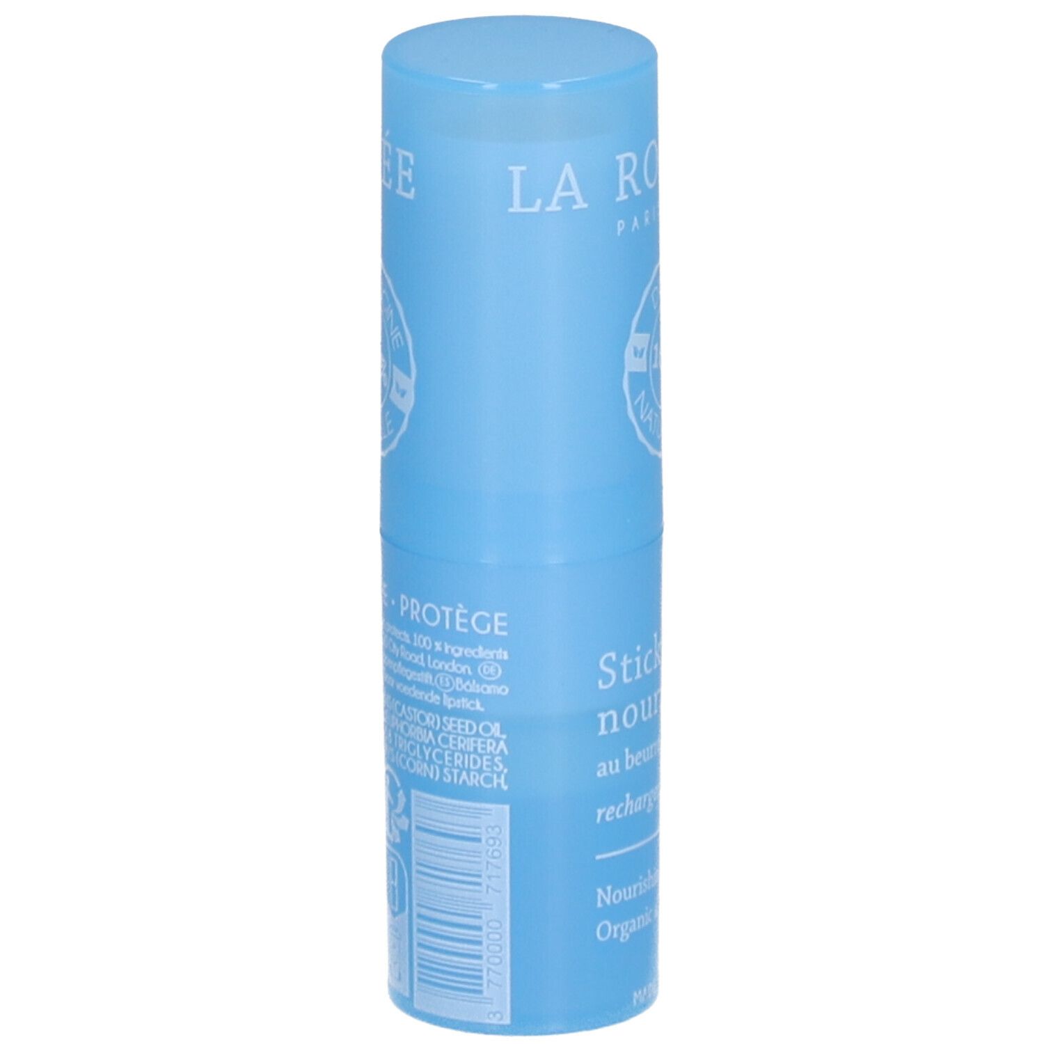Stick lèvres nourrissant bleu. Inscriptions: LA ROSÉE, Stick lèvres nourrissant, au beurre de karité BIO. Ingrédients et code-barres.