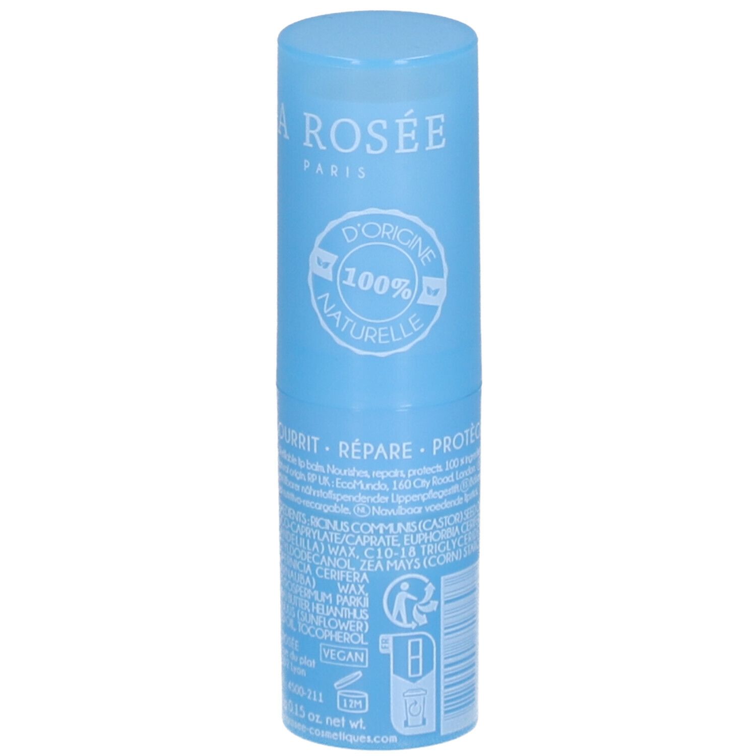 Stick lèvres nourrissant bleu. Inscriptions: LA ROSÉE, Stick lèvres nourrissant, au beurre de karité BIO. Ingrédients et logo vegan.