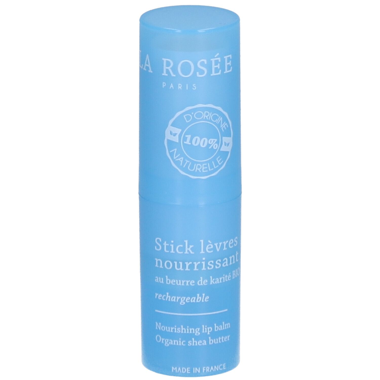 Stick lèvres nourrissant bleu clair. Inscription blanche: LA ROSÉE, Stick lèvres nourrissant, au beurre de karité BIO. 100% naturelle.