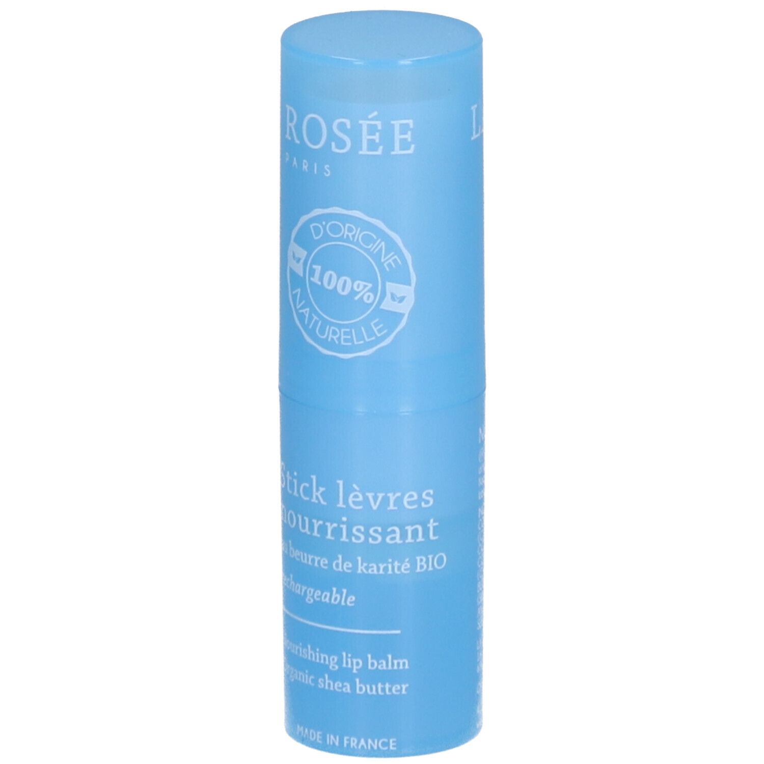 Stick lèvres nourrissant bleu clair. Inscription blanche: LA ROSÉE, Stick lèvres nourrissant, au beurre de karité BIO. 100% naturelle.
