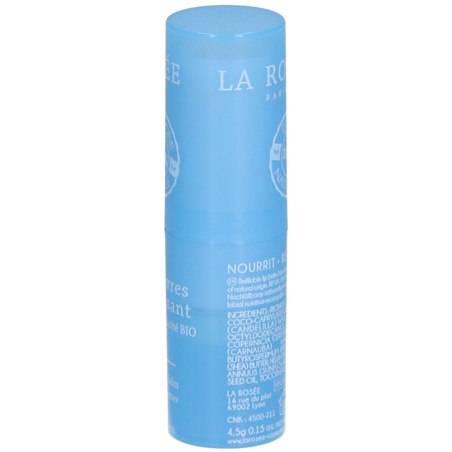 Stick lèvres nourrissant bleu. Inscriptions: LA ROSÉE, Stick lèvres nourrissant, au beurre de karité BIO. Ingrédients et quantité.