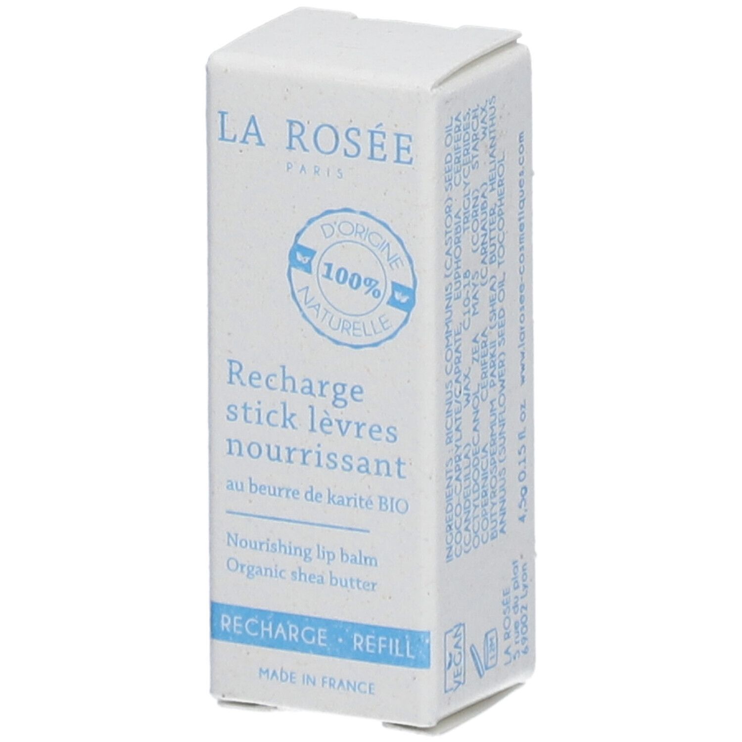 Weißer Karton mit Produktinformationen. Aufschrift: LA ROSÉE, Recharge stick lèvres nourrissant, au beurre de karité BIO. 100% naturelle.