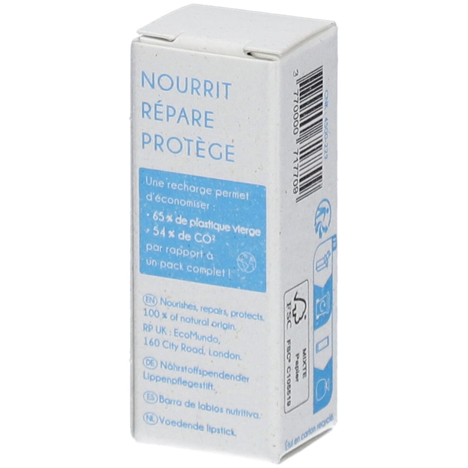 Weißer Karton mit Text: Nourrit, répare, protège. Eine Nachfüllung spart 65% Kunststoff und 54% CO2. FSC-Zertifizierung.