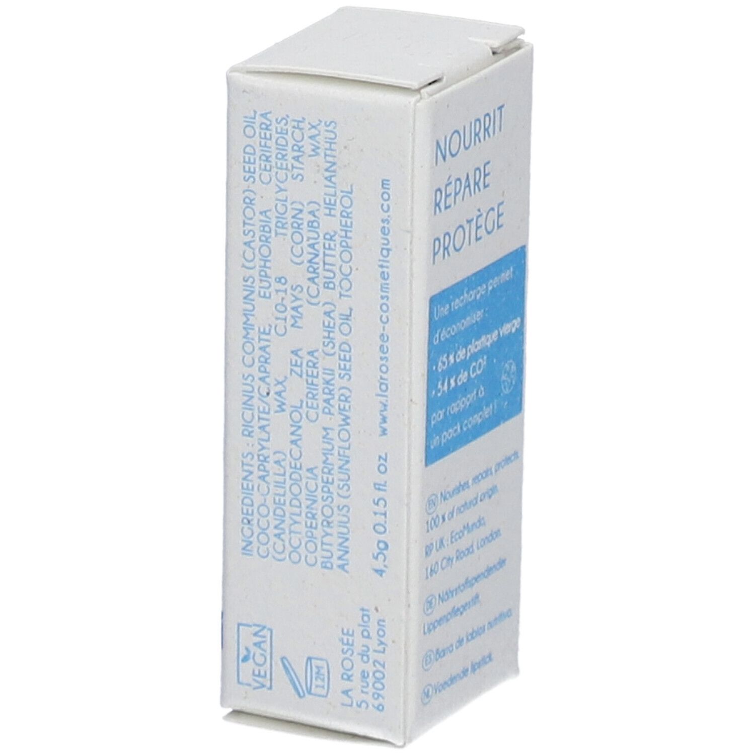 Weißer Karton mit Inhaltsstoffen und Text: Nourrit, répare, protège. 4,5g 0.15 fl. oz. Vegan-Logo.