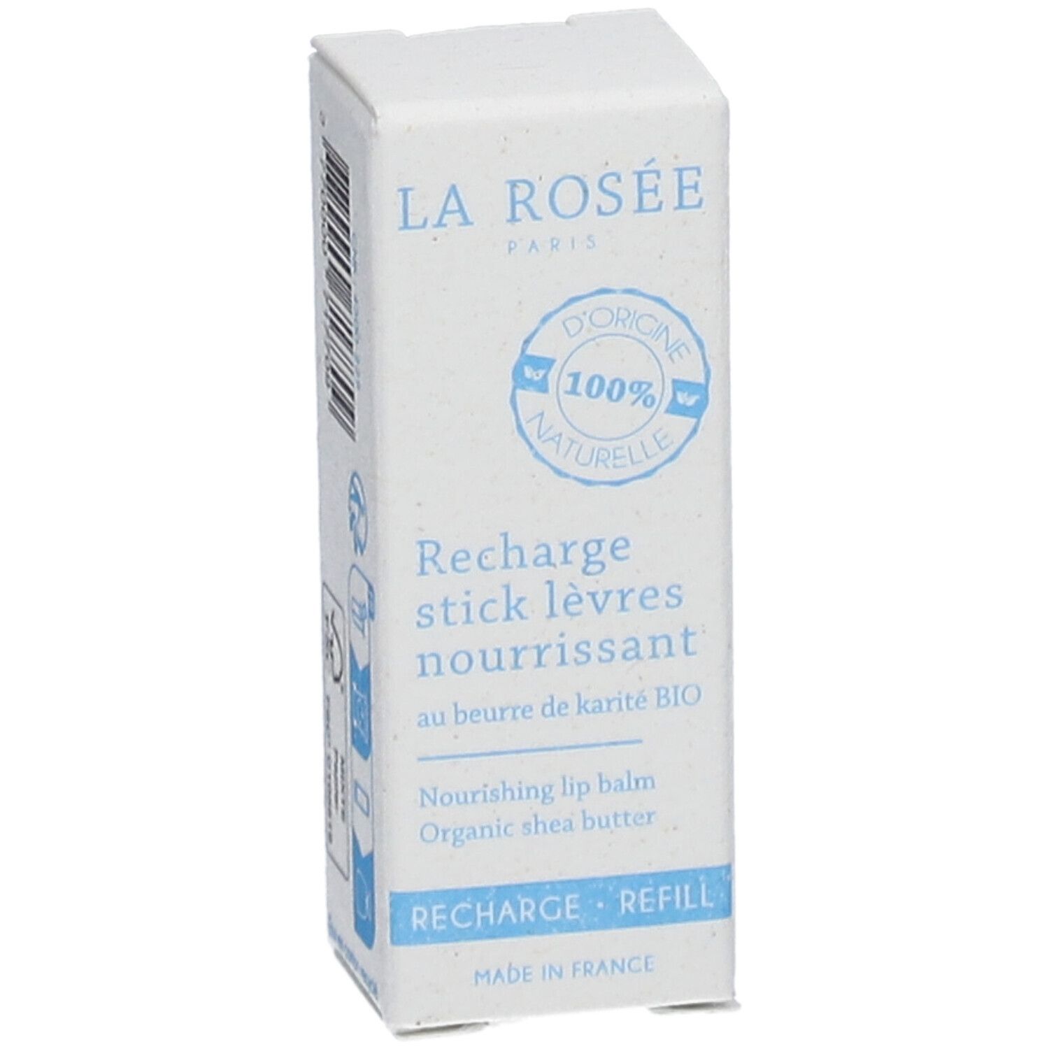 Weißer Karton mit Produktinformationen. Aufschrift: LA ROSÉE, Recharge stick lèvres nourrissant, au beurre de karité BIO. Made in France.