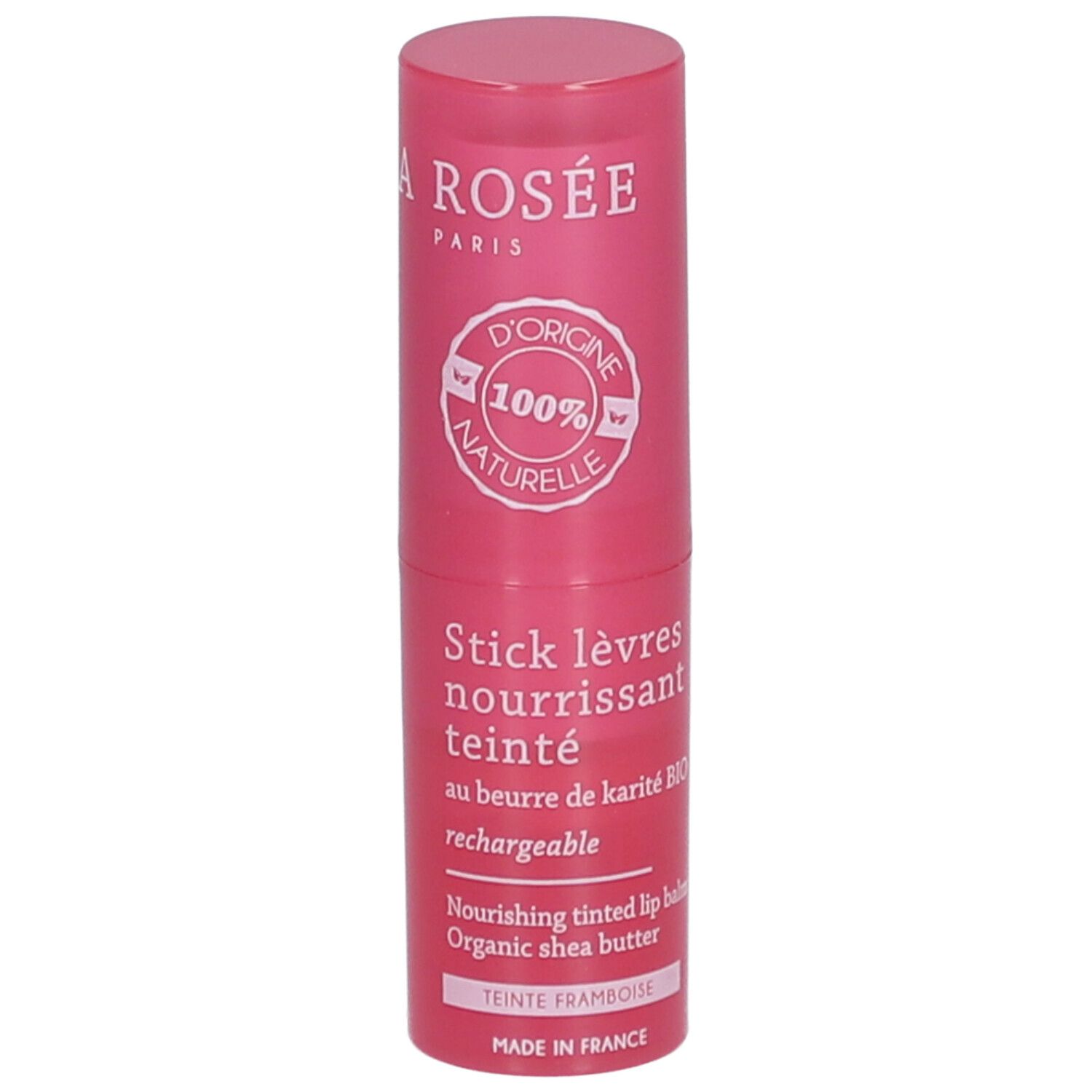 Rosa Lippenpflegestift von LA ROSÉE. Mit Aufschrift '100% naturelle'. Enthält Sheabutter. 'Teinte framboise'.