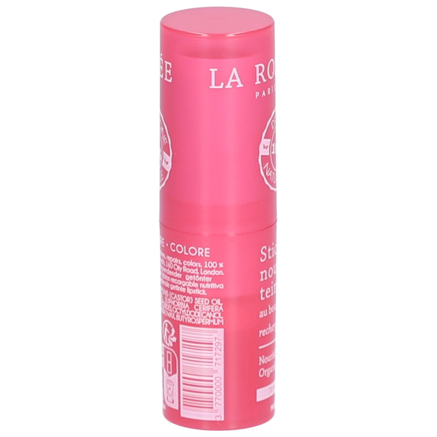 Rosa Lippenpflegestift von LA ROSÉE. Rückseite mit Inhaltsstoffen und Informationen. 'Teinte framboise'.