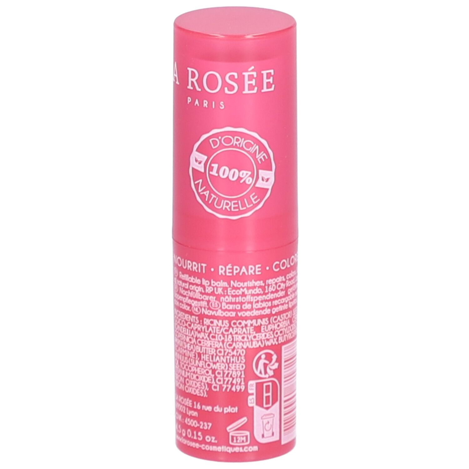 Rosa Lippenpflegestift von LA ROSÉE. Rückseite mit Inhaltsstoffen, Adresse und Zertifizierung.
