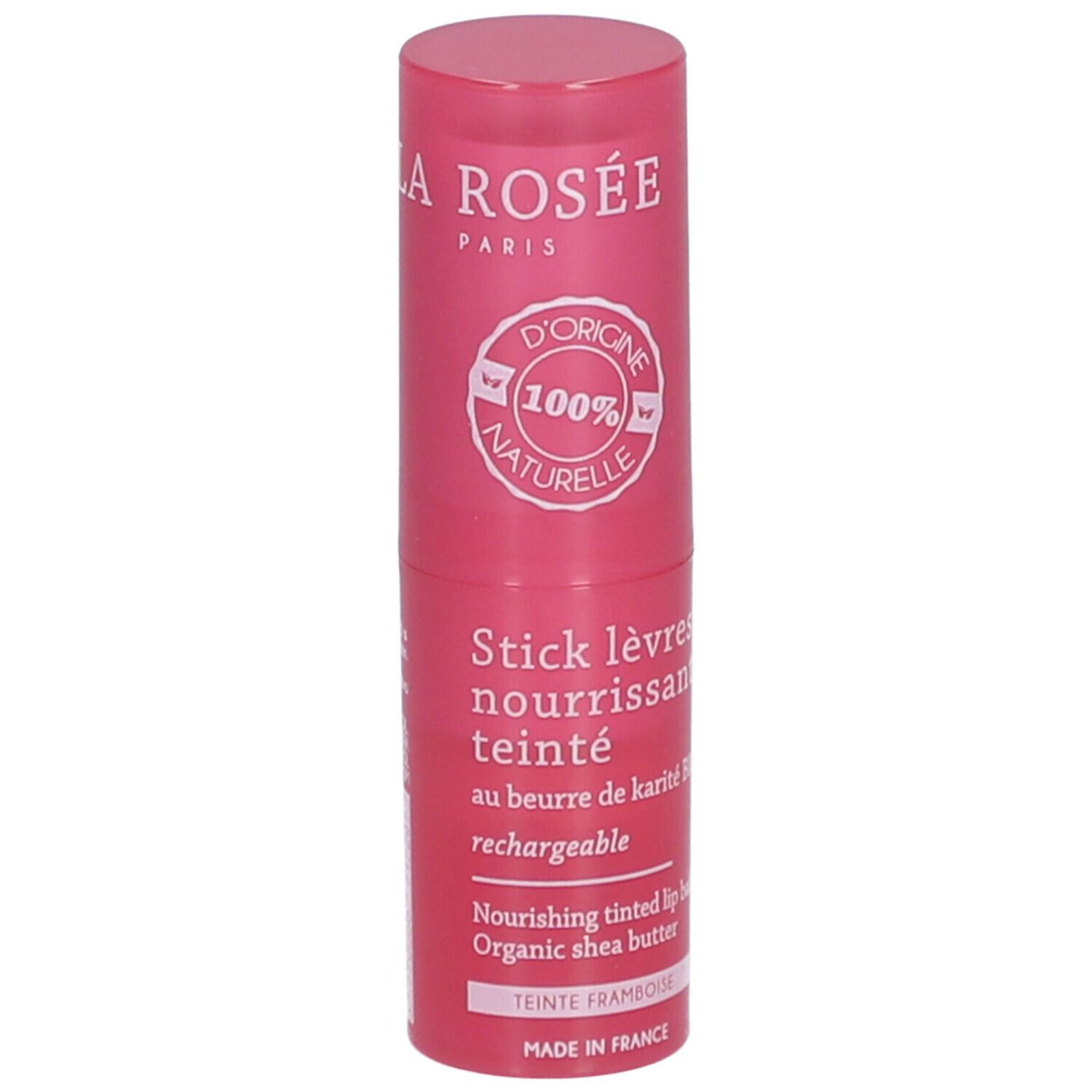 Rosa Lippenpflegestift von LA ROSÉE. Mit Aufschrift '100% naturelle'. Enthält Sheabutter. 'Teinte framboise'.