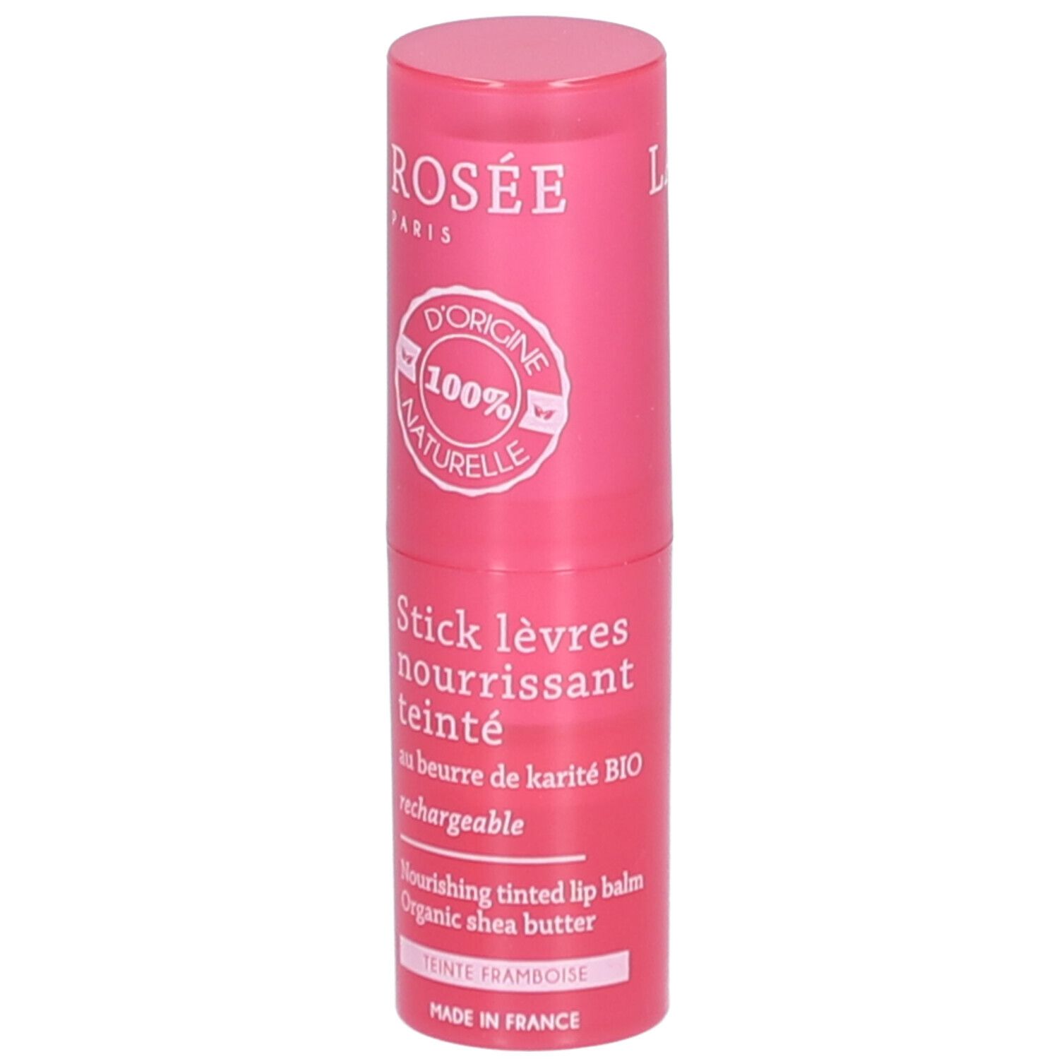 Rosa Lippenpflegestift von LA ROSÉE. Mit Aufschrift '100% naturelle'. Enthält Sheabutter. 'Teinte framboise'.