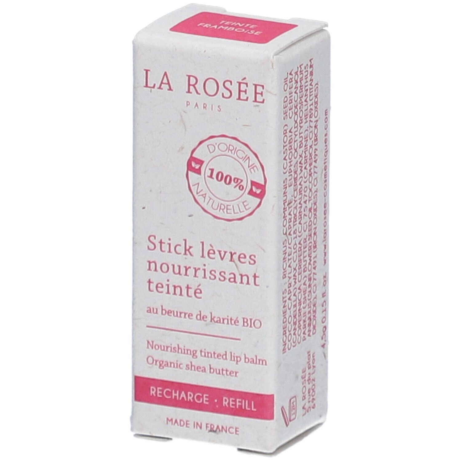 Verpackung eines getönten Lippenbalsams. Aufschrift: LA ROSÉE, 100% natürlich, Stick lèvres nourrissant teinté, au beurre de karité BIO.
