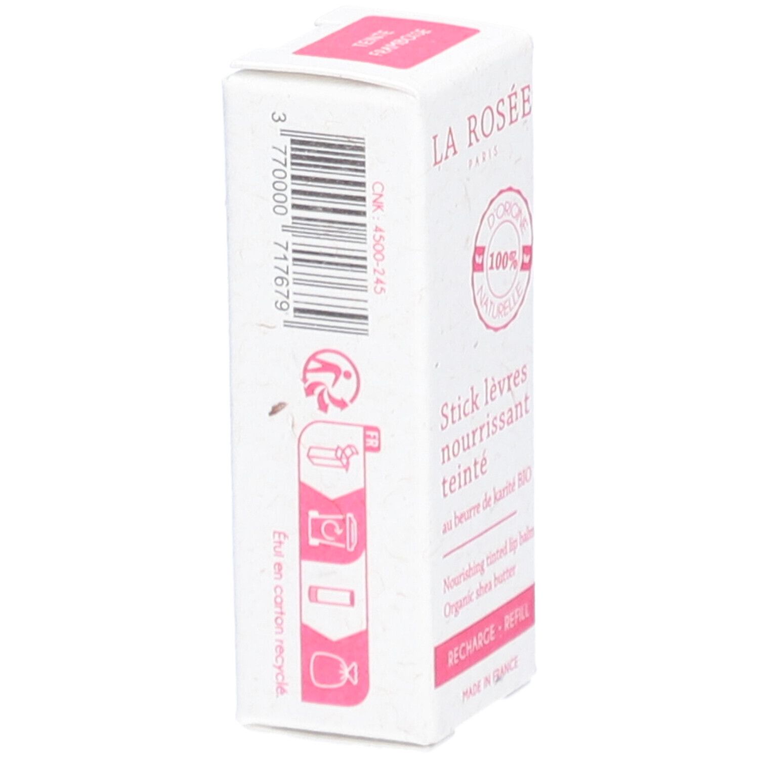 Verpackung eines getönten Lippenbalsams. Auf der Seite: LA ROSÉE, Stick lèvres nourrissant teinté, au beurre de karité BIO. Mit Recycling-Symbol.