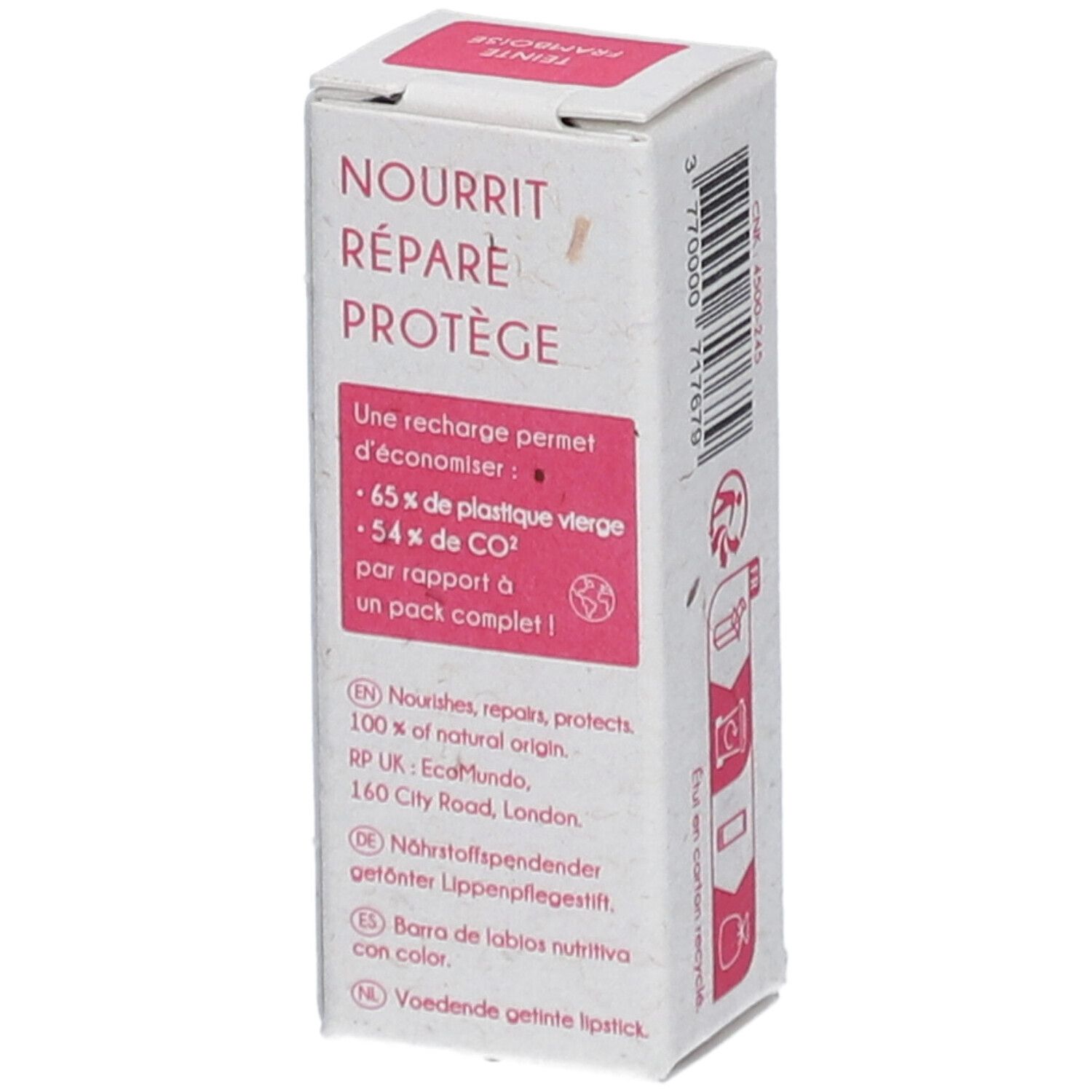 Verpackung eines getönten Lippenbalsams. Aufschrift: Nourrit, répare, protège. 65% weniger Plastik, 54% weniger CO2. Mehrsprachige Texte.
