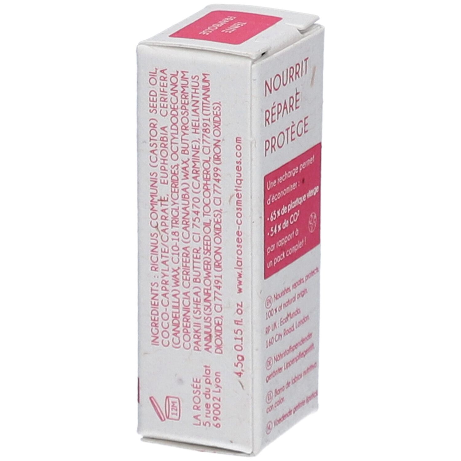 Verpackung eines getönten Lippenbalsams. Aufschrift: Inhaltsstoffe, 4,5g 0.15 fl.oz. LA ROSÉE. Adresse. Mit Text: Nourrit, répare, protège.