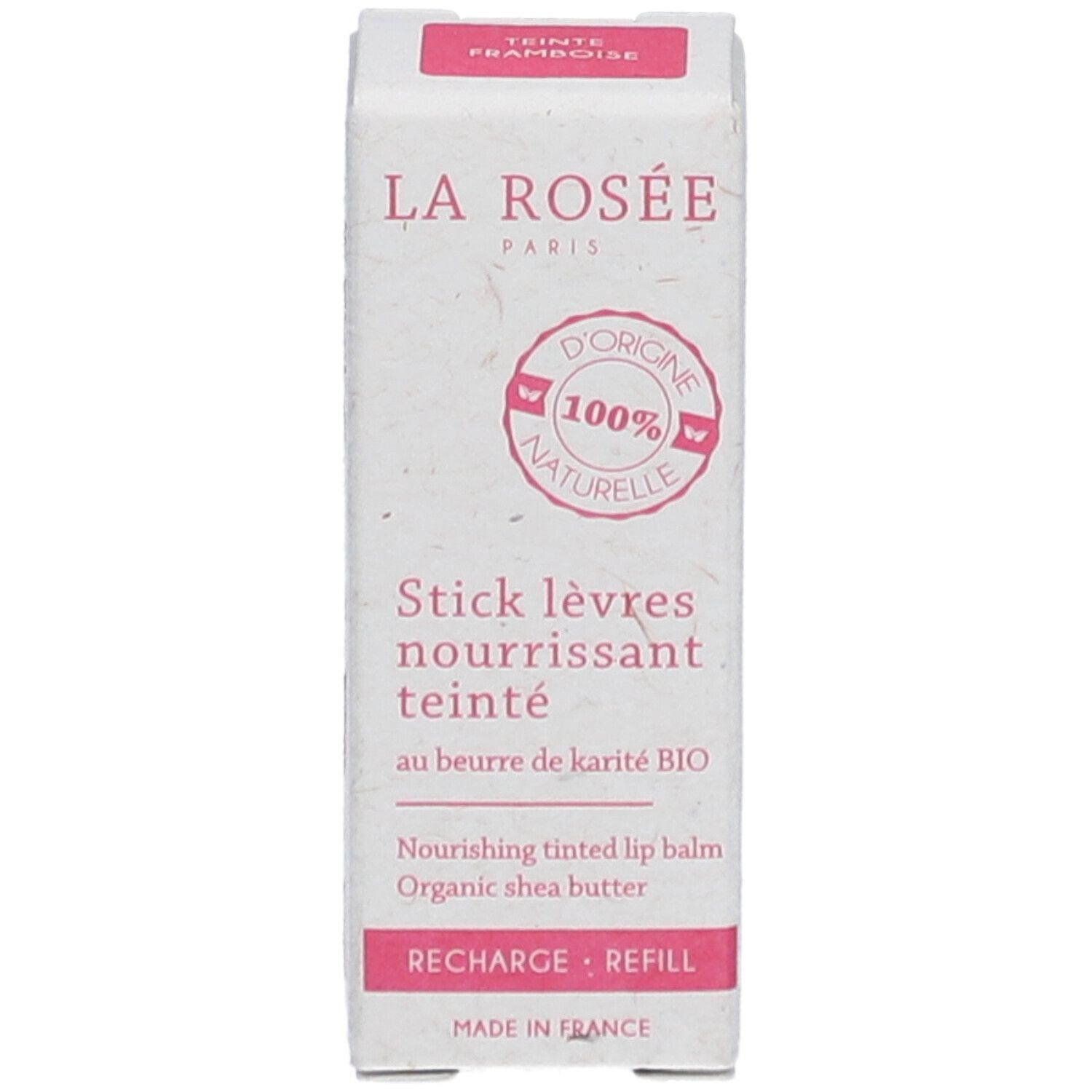 Verpackung eines getönten Lippenbalsams. Aufschrift: LA ROSÉE, 100% natürlich, Stick lèvres nourrissant teinté, au beurre de karité BIO. Made in France.