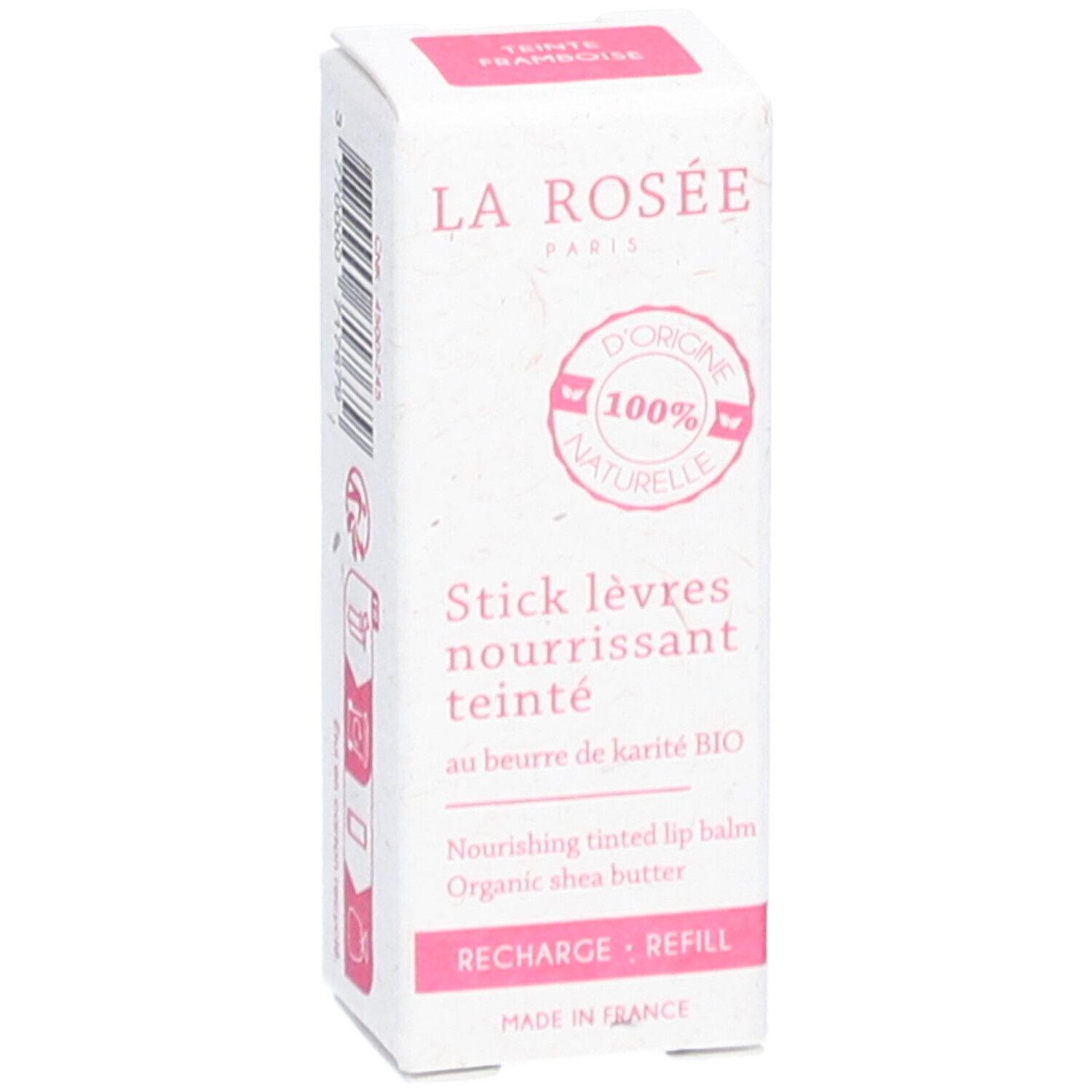 Verpackung eines getönten Lippenbalsams. Aufschrift: LA ROSÉE, 100% natürlich, Stick lèvres nourrissant teinté, au beurre de karité BIO. Made in France.