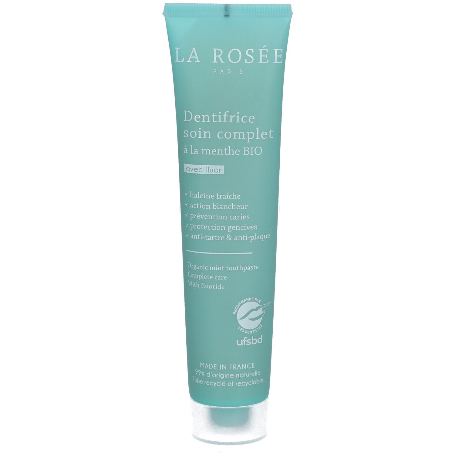 Zahncreme-Tube, türkis, mit Schriftzug LA ROSÉE und Produktinformationen. UFSBD-Siegel.