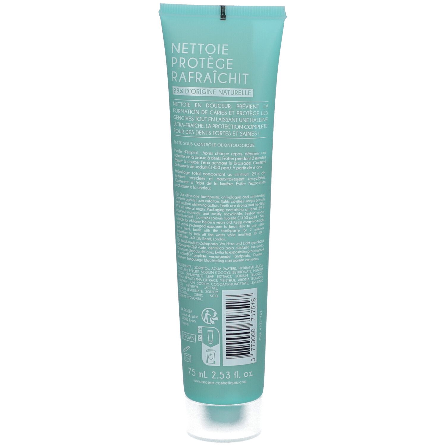 Rückseite der Zahnpasta-Tube. Textinformationen, Barcode und Recycling-Symbole.