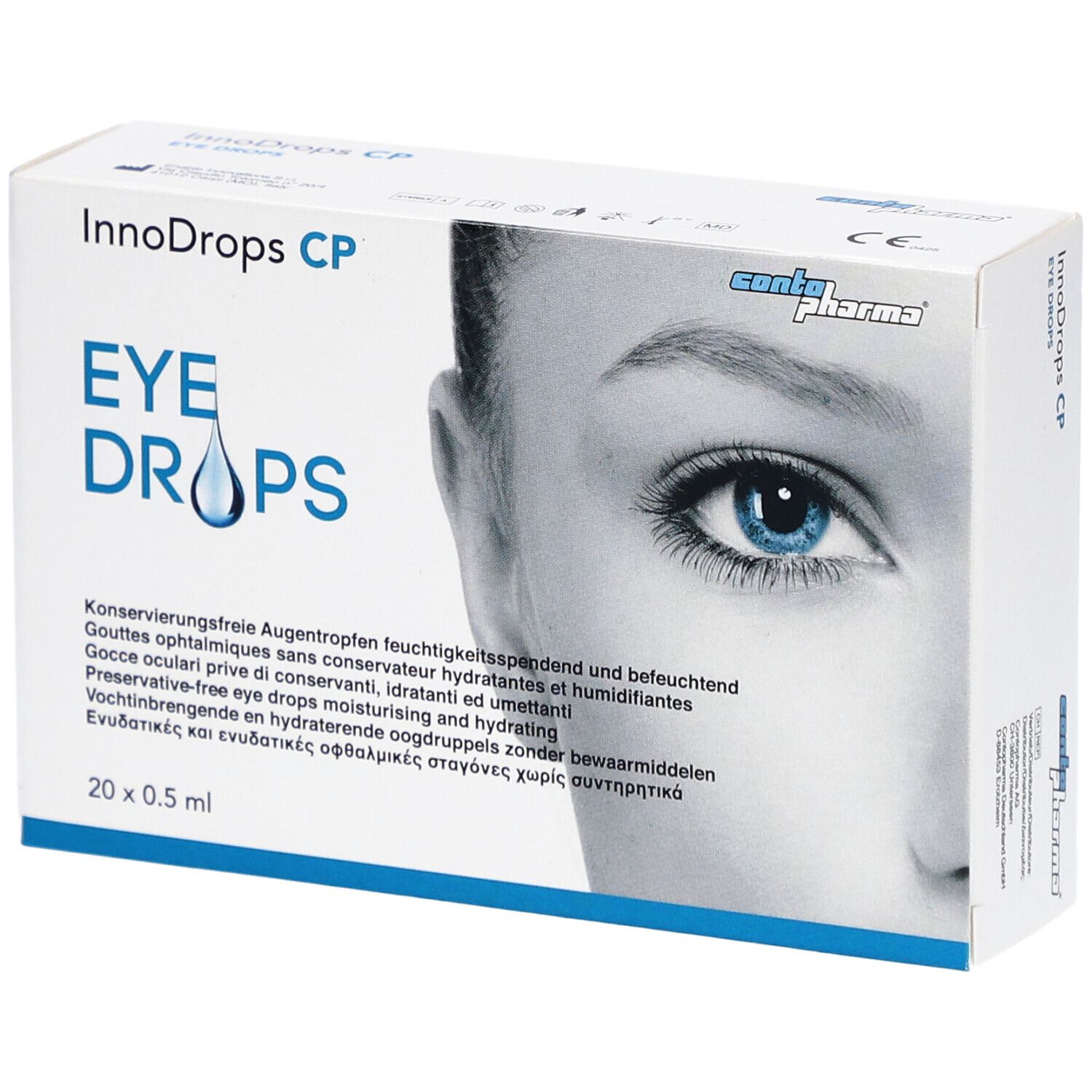 Weiße Schachtel mit InnoDrops CP Eye Drops. Aufdruck: EYE DROPS, 20 x 0.5 ml. Abbildung eines Auges.