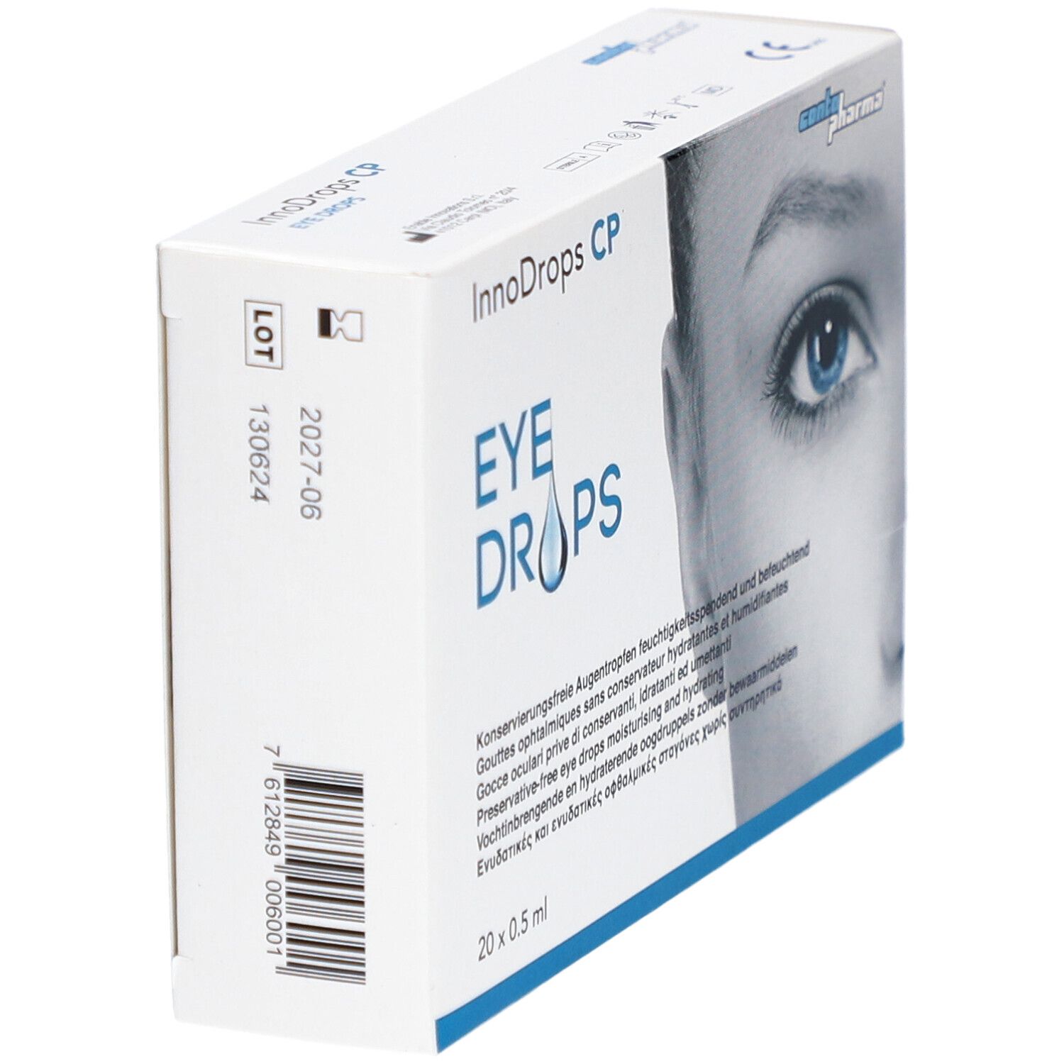 Weiße Schachtel mit InnoDrops CP Eye Drops. Aufdruck: EYE DROPS, 20 x 0.5 ml. Seite mit Lot-Nummer und Barcode.