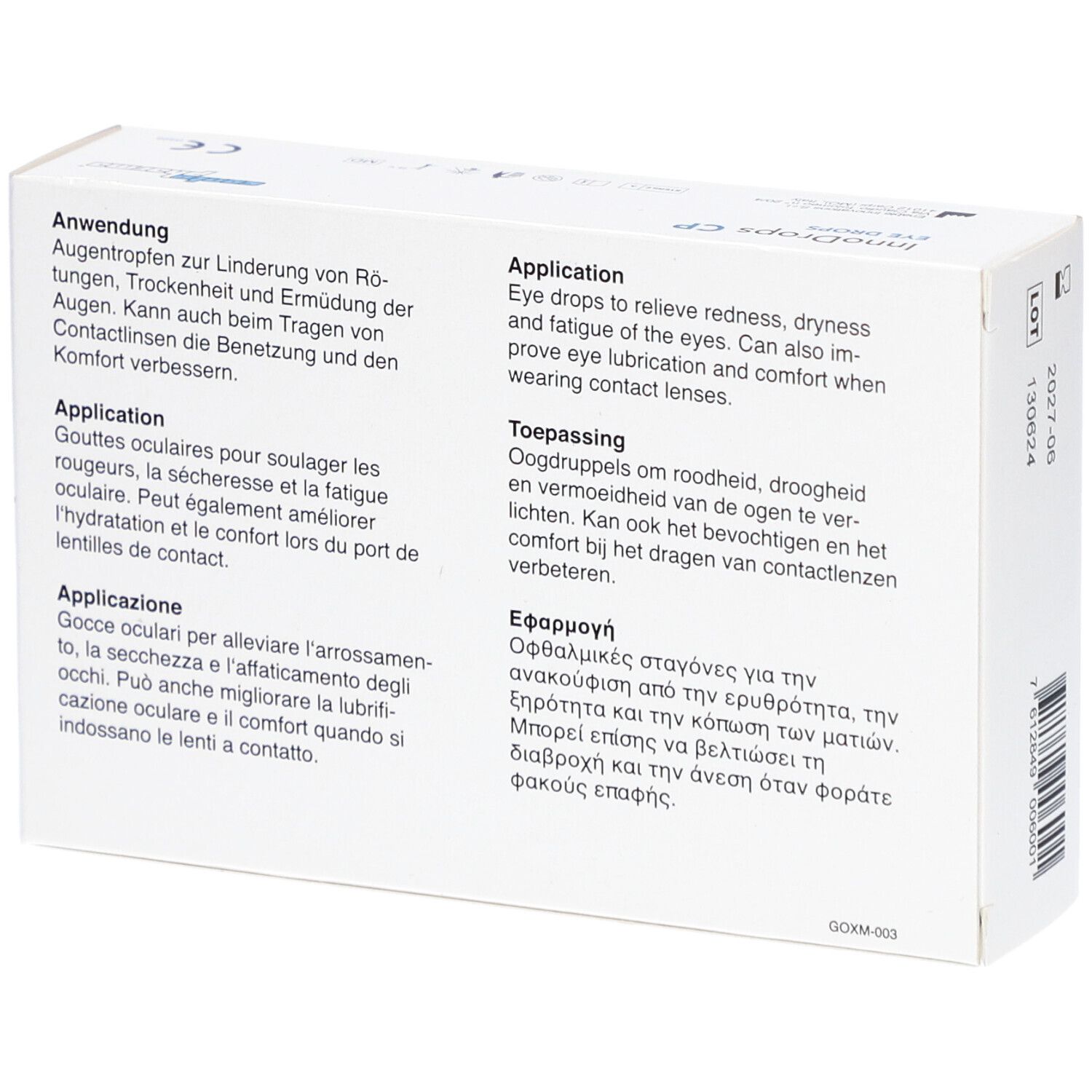Weiße Schachtel mit InnoDrops CP Eye Drops. Rückseite mit Anwendungshinweisen in mehreren Sprachen.