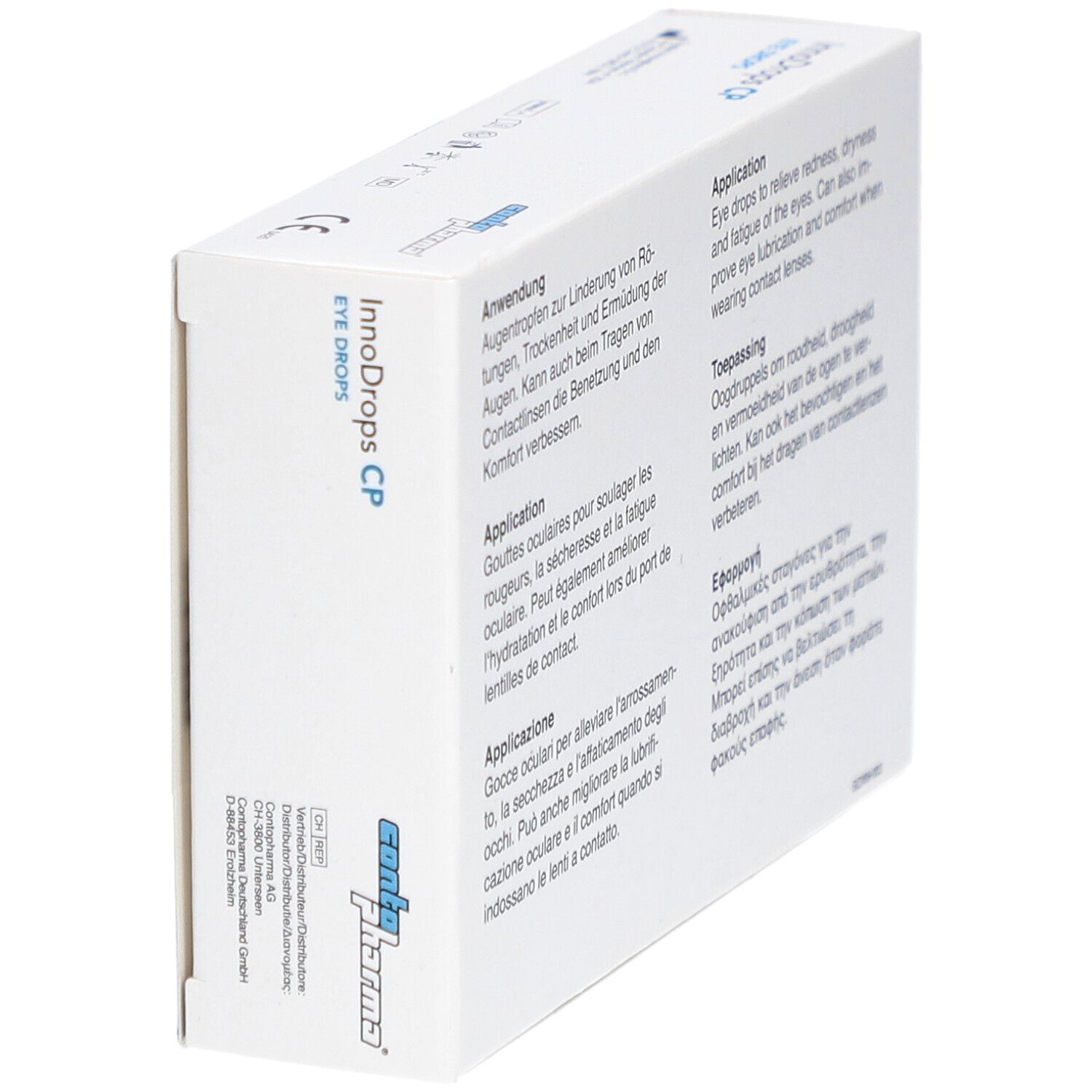 Weiße Schachtel mit InnoDrops CP Eye Drops. Seite mit Anwendungshinweisen in mehreren Sprachen.