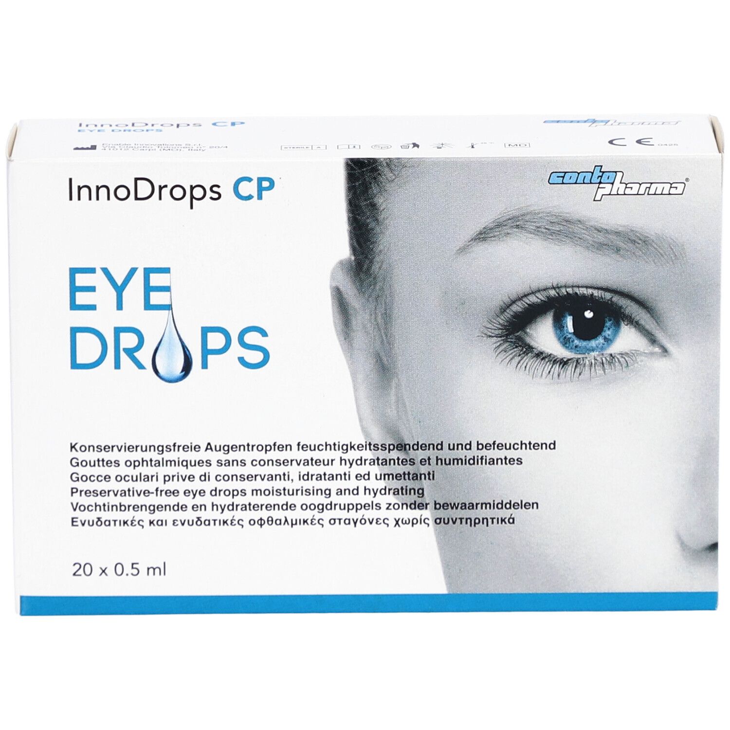 Weiße Schachtel mit InnoDrops CP Eye Drops. Aufdruck: EYE DROPS, 20 x 0.5 ml. Abbildung eines Auges.