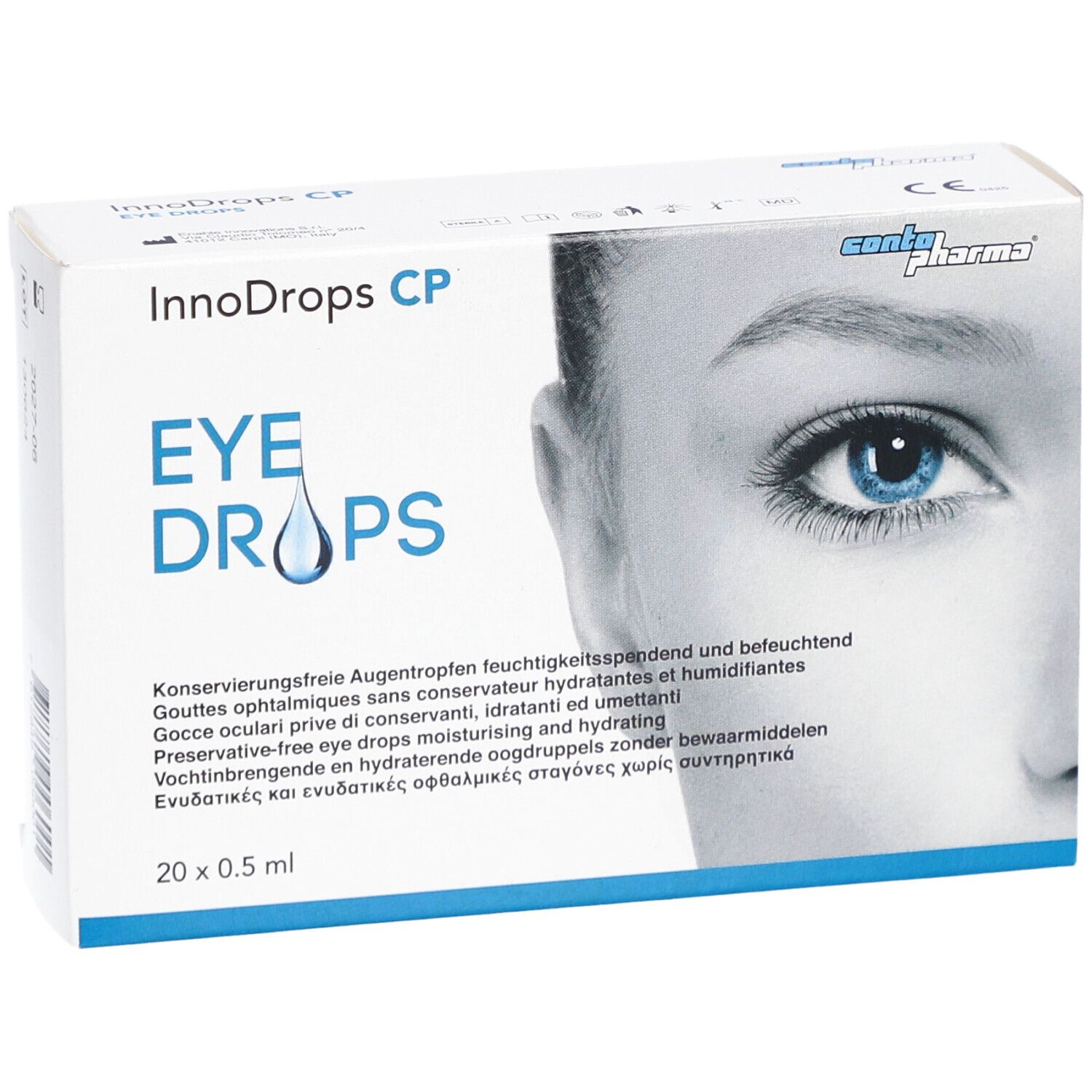 Weiße Schachtel mit InnoDrops CP Eye Drops. Aufdruck: EYE DROPS, 20 x 0.5 ml. Abbildung eines Auges.