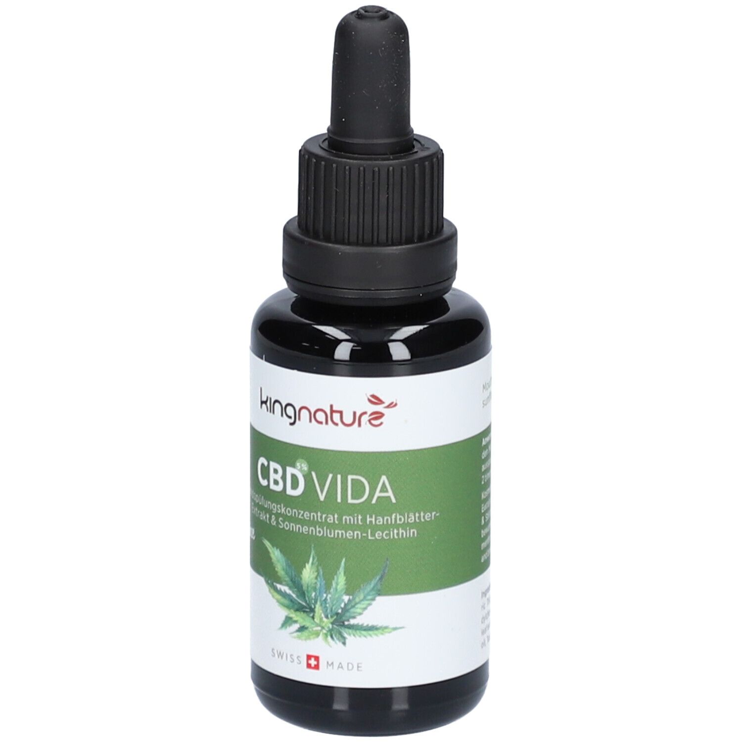 Flacon en verre foncé avec bouchon noir et pipette. Étiquette avec CBD VIDA, illustration de feuille de chanvre et Swiss Made.