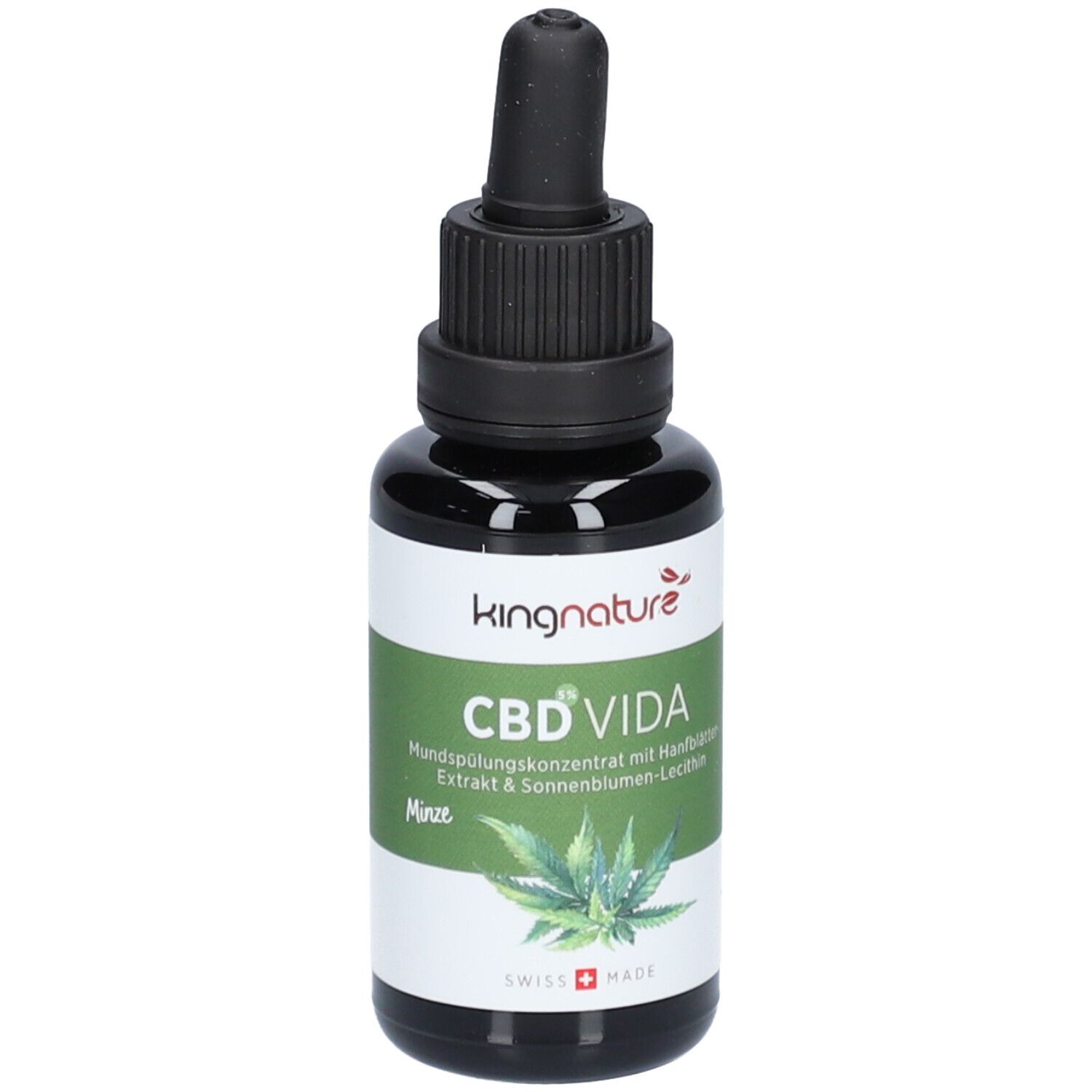Flacon en verre foncé avec bouchon noir et pipette. Étiquette avec CBD VIDA, illustration de feuille de chanvre et Swiss Made.