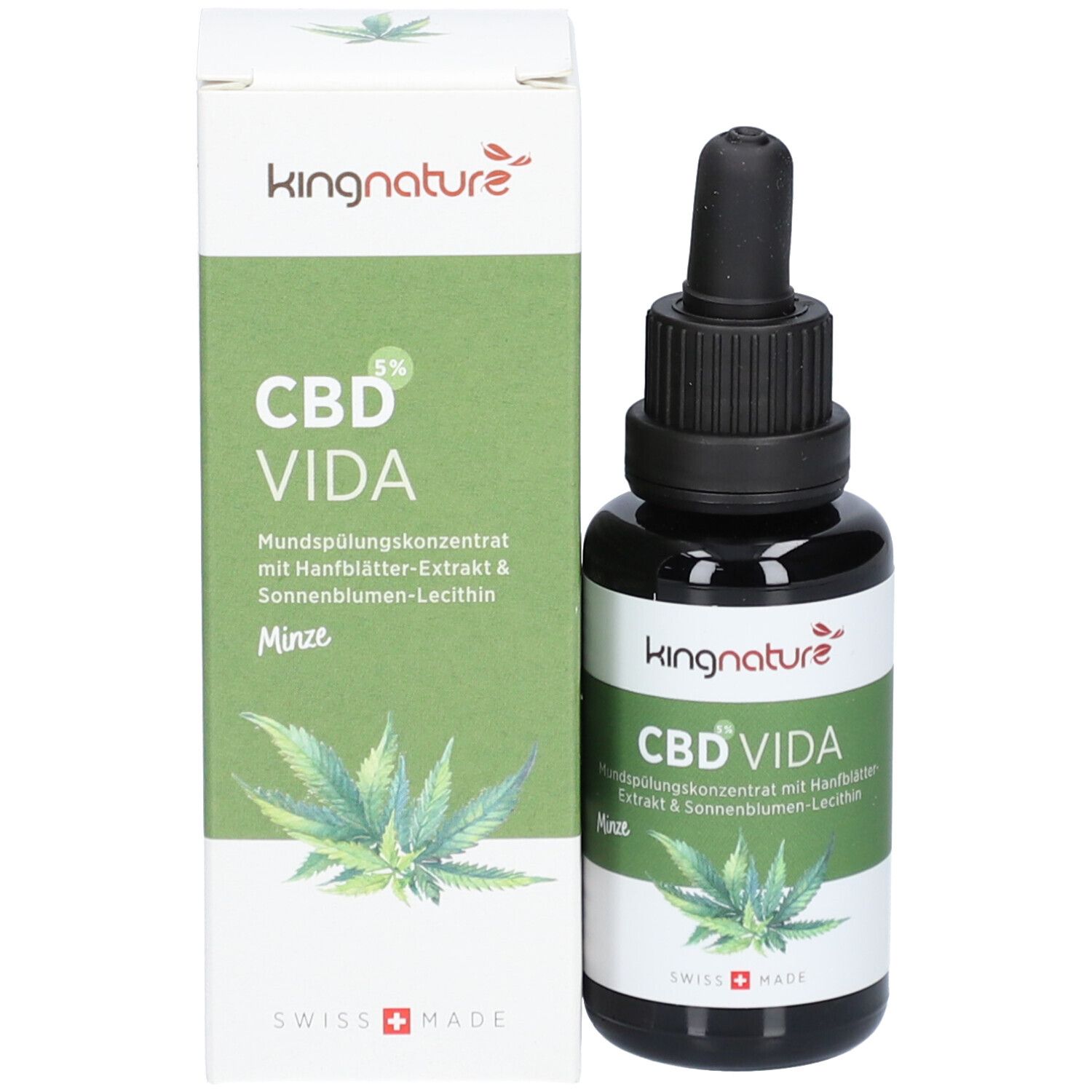 Flacon et boîte du produit. Flacon avec pipette, étiquette avec CBD VIDA. Boîte avec nom du produit et logo.