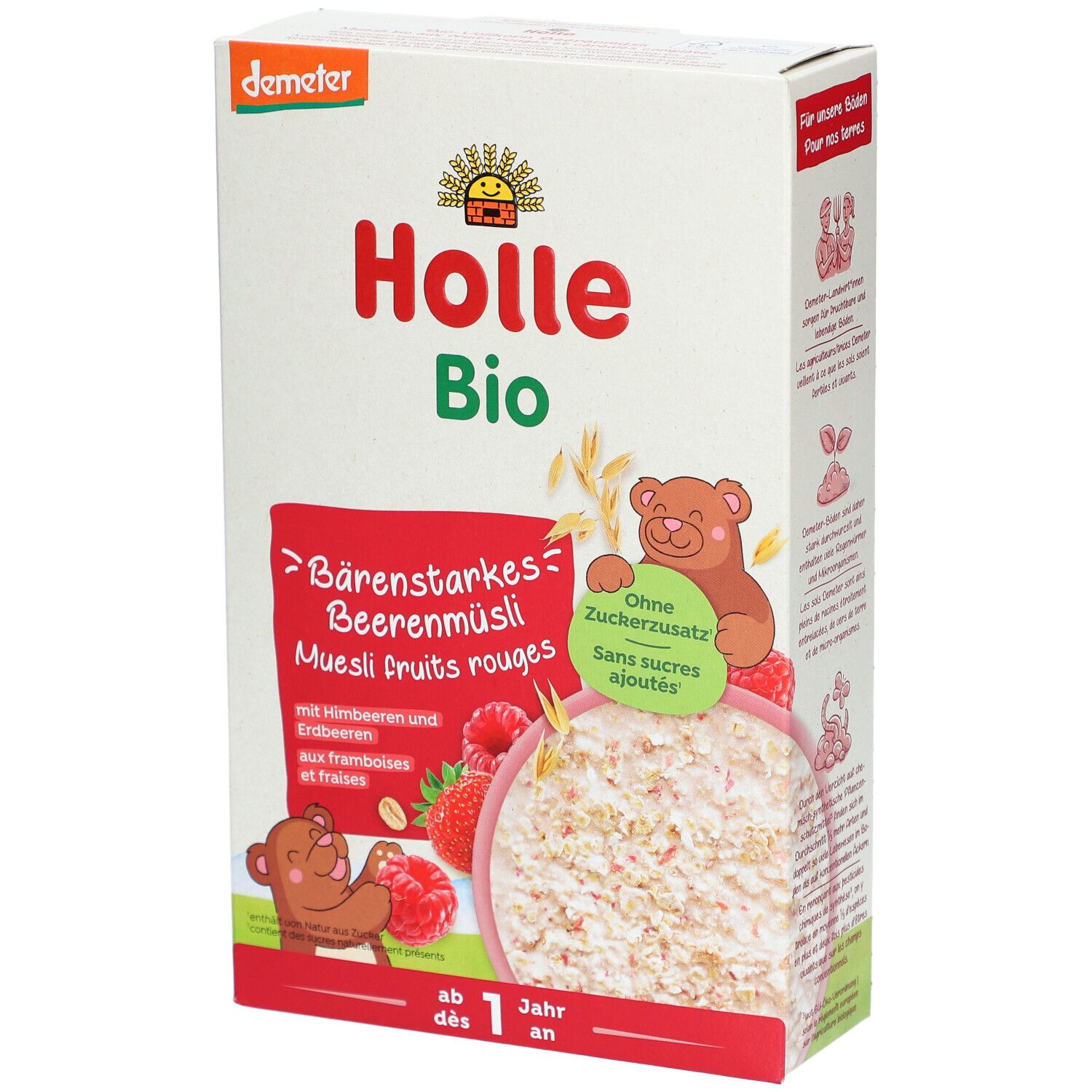 Holle Bio-Muesli, Beerenmüsli, Verpackung mit Produktabbildung, Demeter-Siegel, ohne Zuckerzusatz.