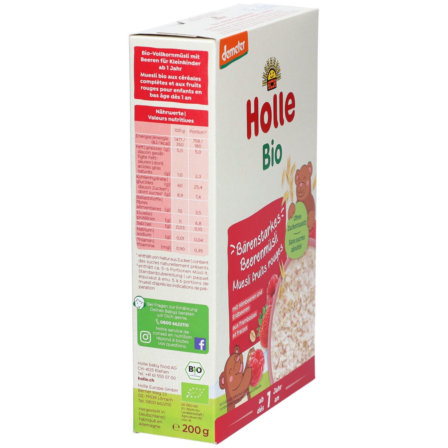 Holle Bio-Muesli, Verpackung mit Nährwertangaben, Demeter-Siegel, 200g, Bio-Vollkornmüsli für Kleinkinder ab 1 Jahr.